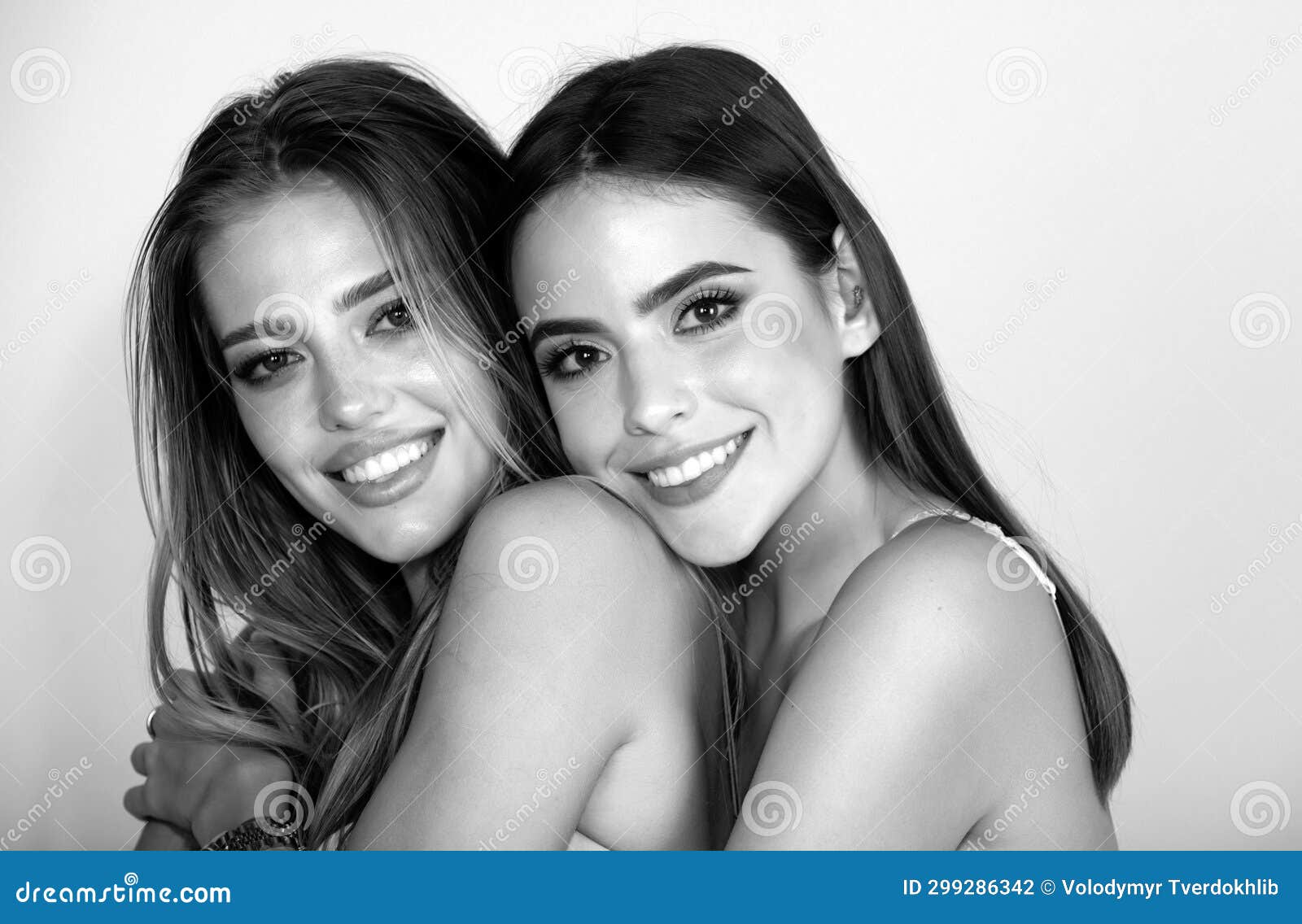 Portrait Of Beautiful Sensual Lesbian Couple Hugging Romantic Girl Friend Close Up Portrait