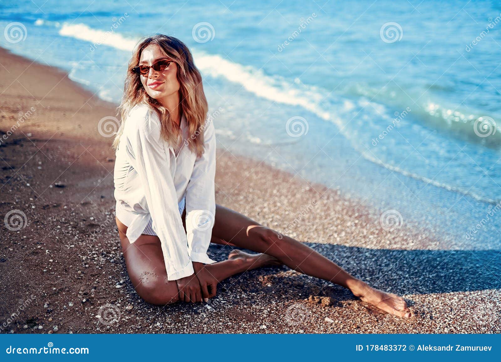 Portrait of Beautiful Caucasian Sunbathed Woman in Sunglasses with Long ...