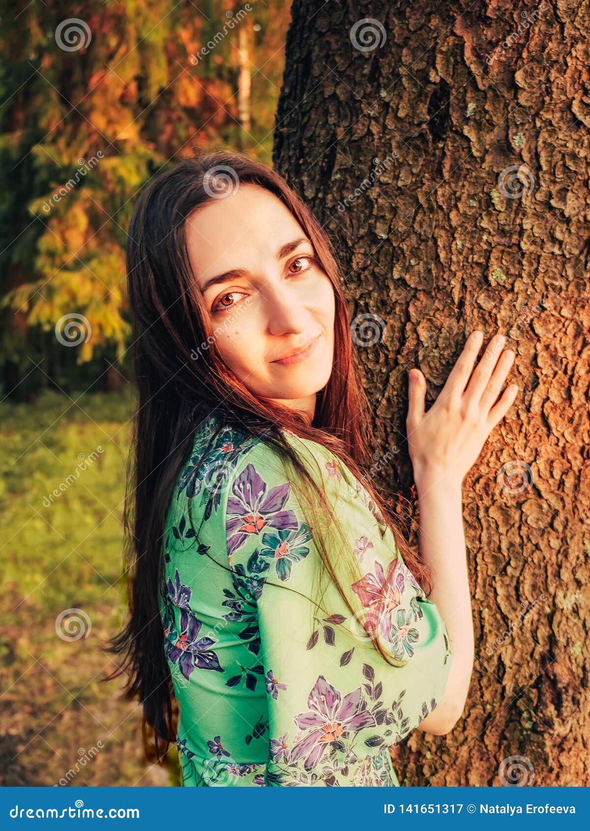 Portrait Beautiful Smiling Caucasian Brunette Girl with Long Hair in ...