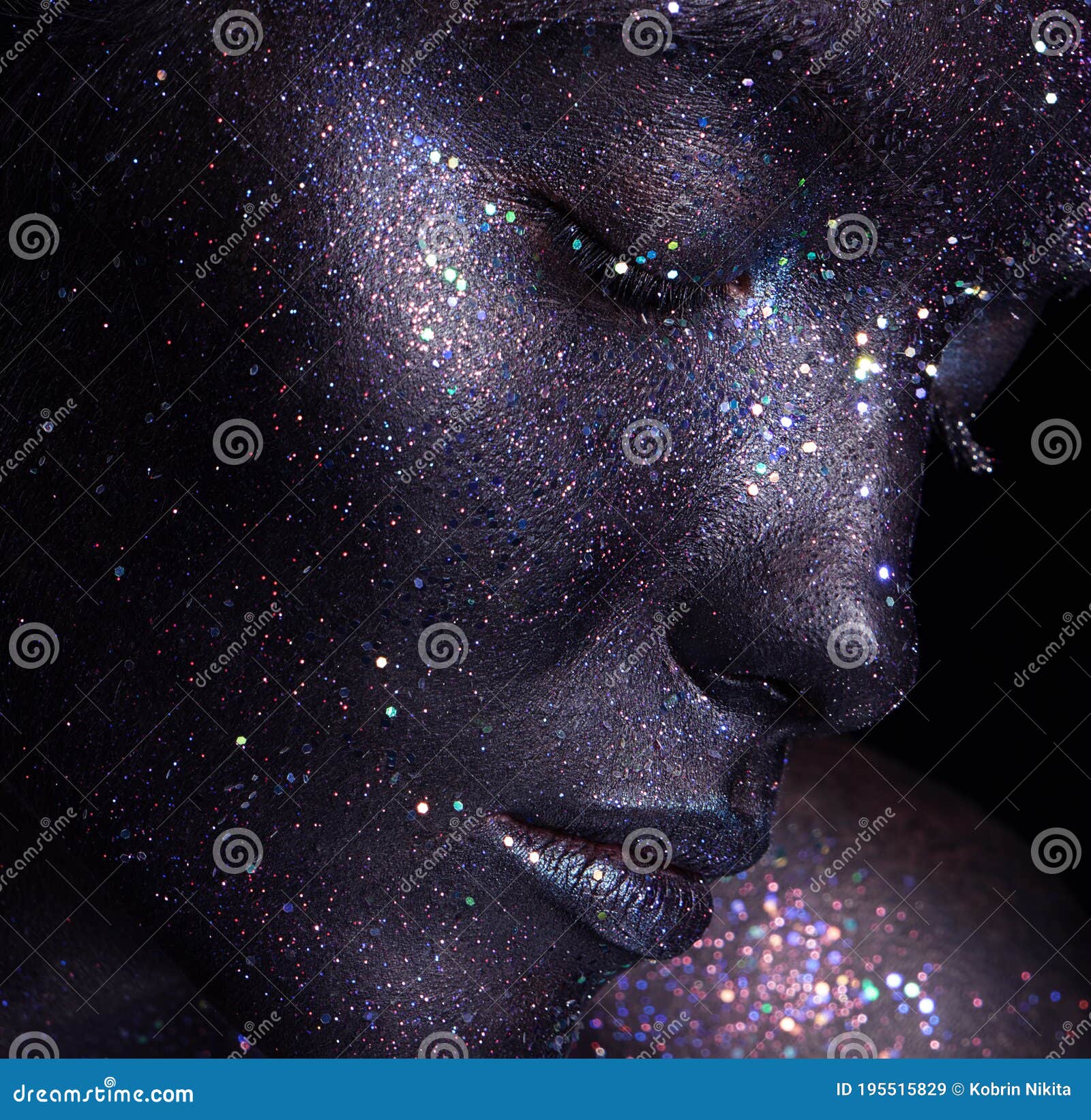 Portrait Of Beautiful Woman With Art Space Makeup On Her Face And Body Glitter Face Stock