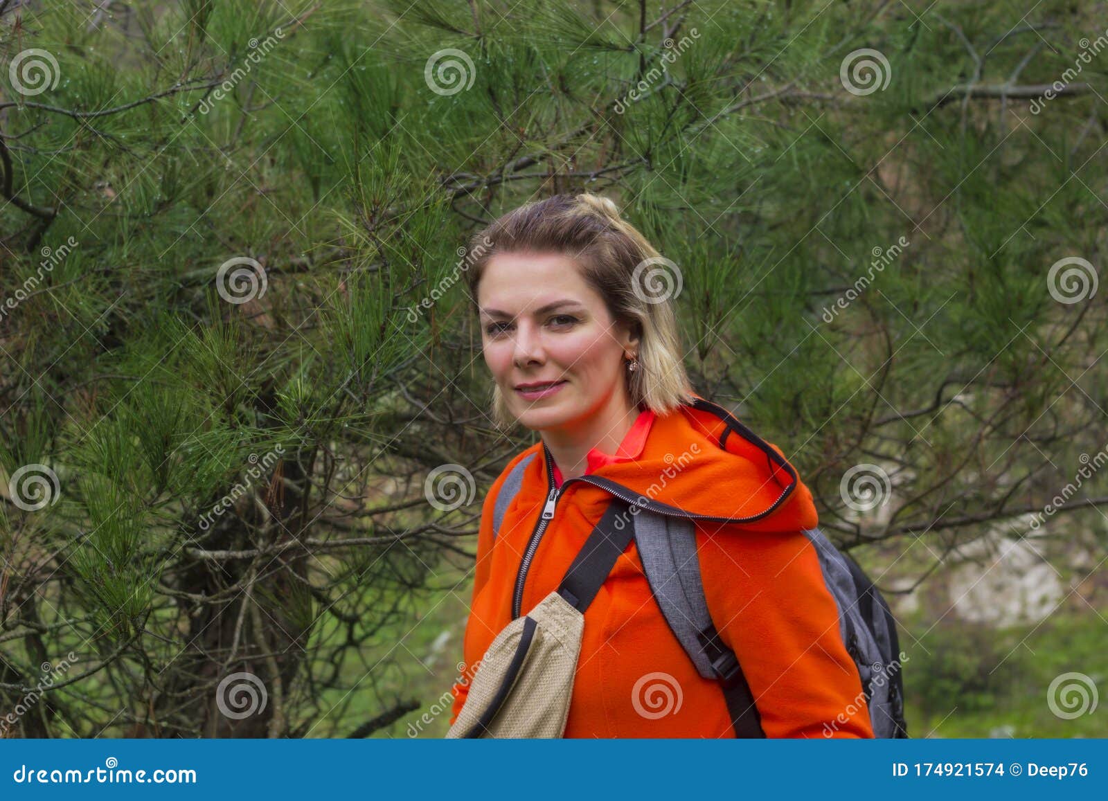 Portrait of Beautiful Woman Hiking in the Green Forest Stock Photo ...