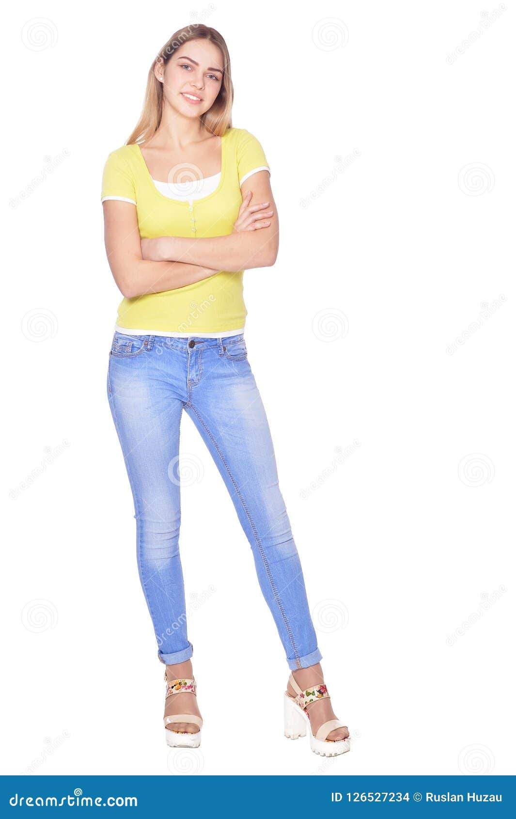Beautiful Woman in Blue Jeans Posing on White Background Stock Photo ...