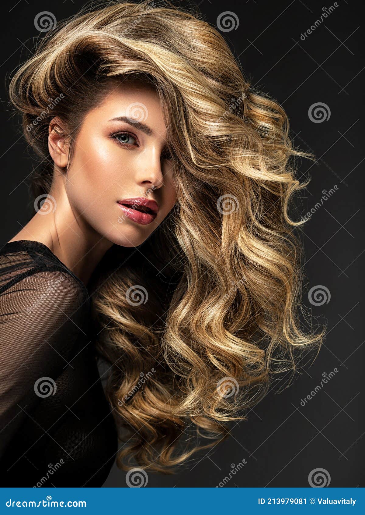 Portrait Of A Beautiful Woman With A Long Hair Pretty Blonde Girl With Curly Hairstyle Stock 