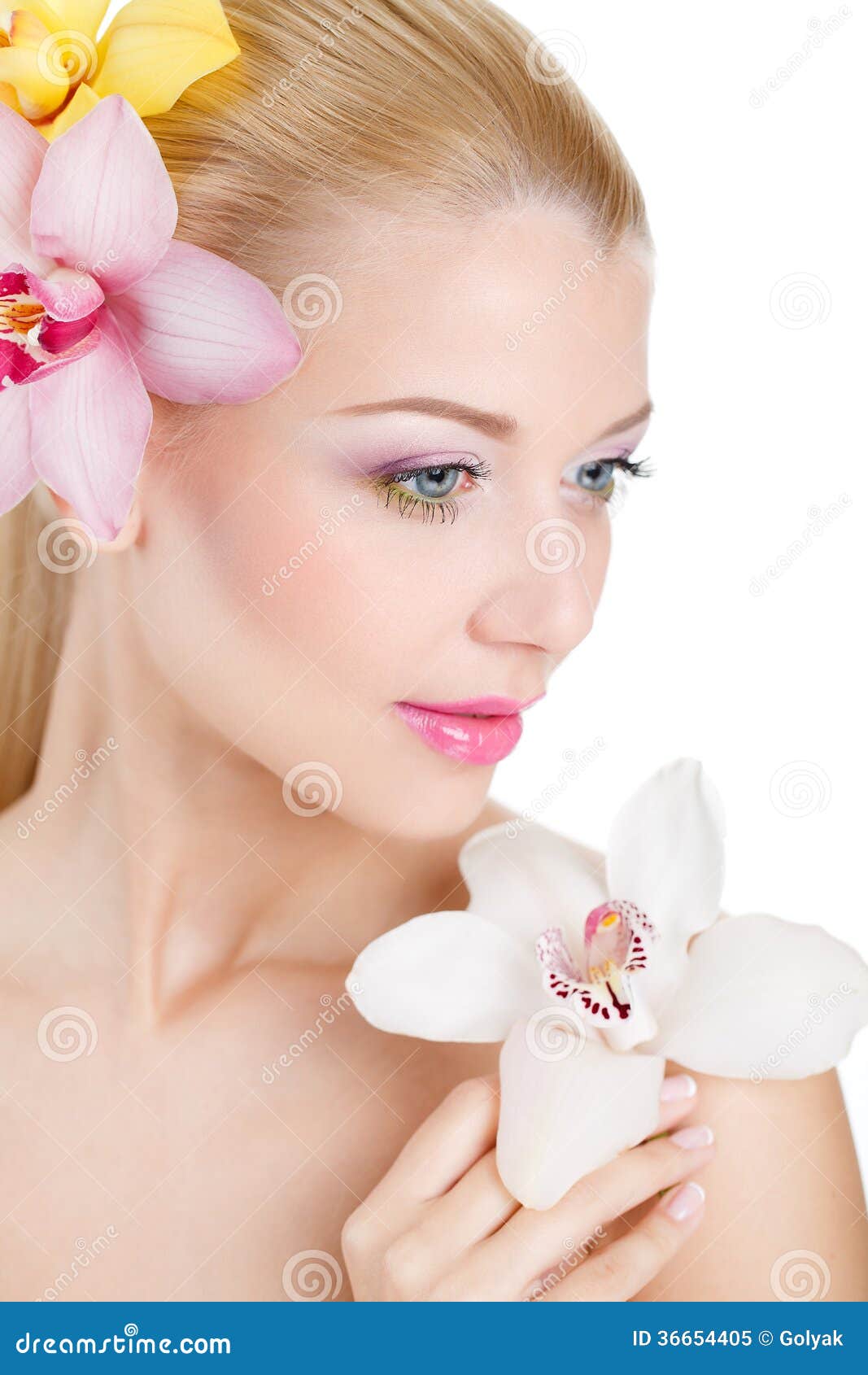 Portrait of Beautiful Woman with Orchid Flower in Her Hair.Beautiful Model  Woman Face. Perfect Skin. Professional Make-up.Makeup. Stock Image - Image  of lifestyle, hair: 36654405