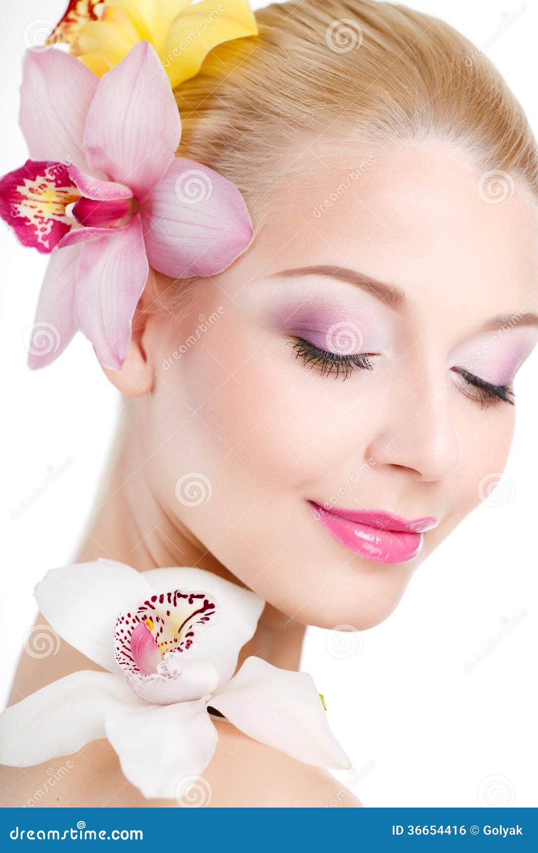 Portrait of Beautiful Woman with Orchid Flower in Her  Model  Woman Face. Perfect Skin. Professional . Stock Photo - Image  of aroma, health: 36654416