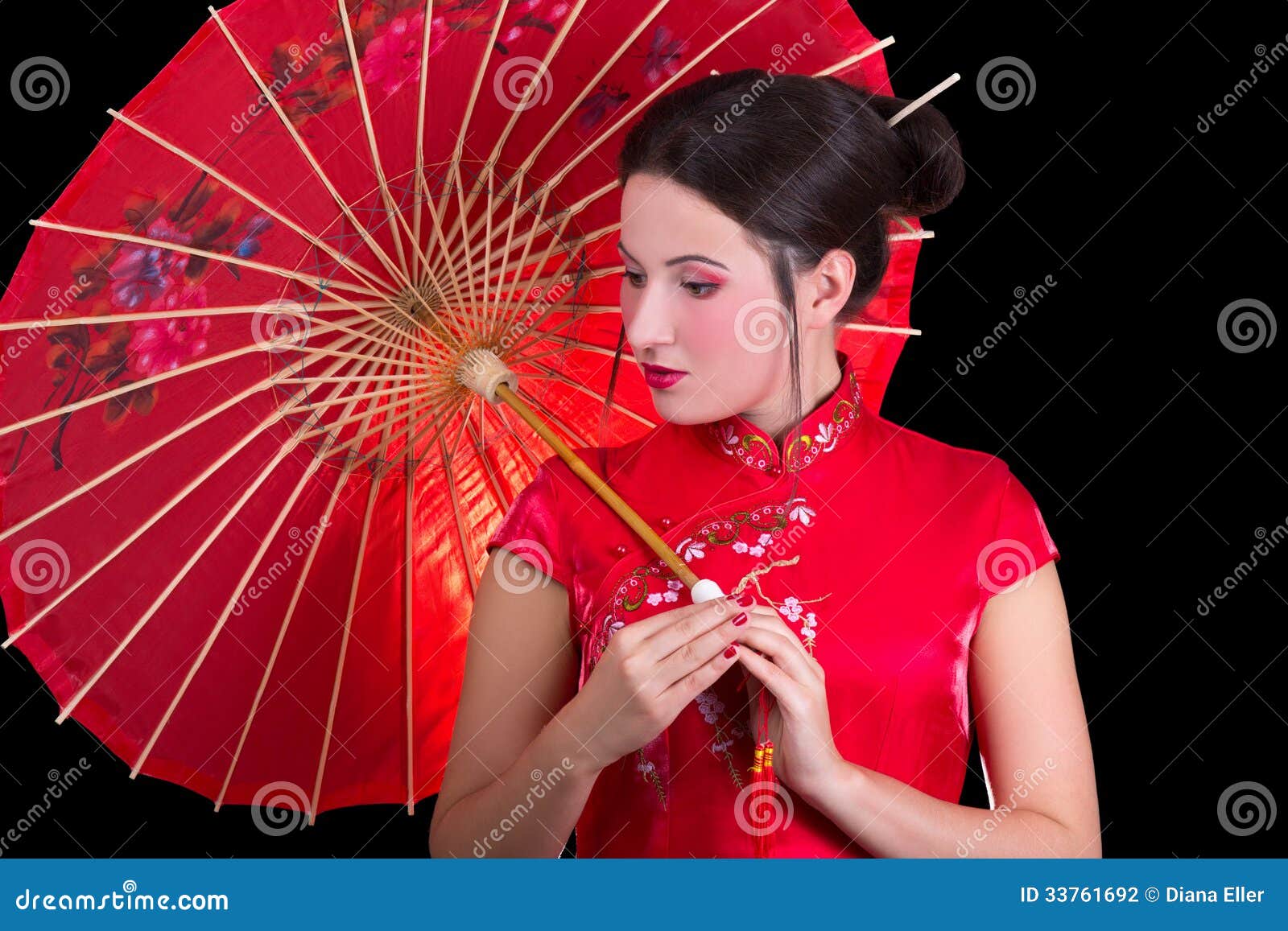 Portrait Of Beautiful Woman In Red Japanese Dress With Portrait Of Beautiful Woman In Red Japanese Dress With