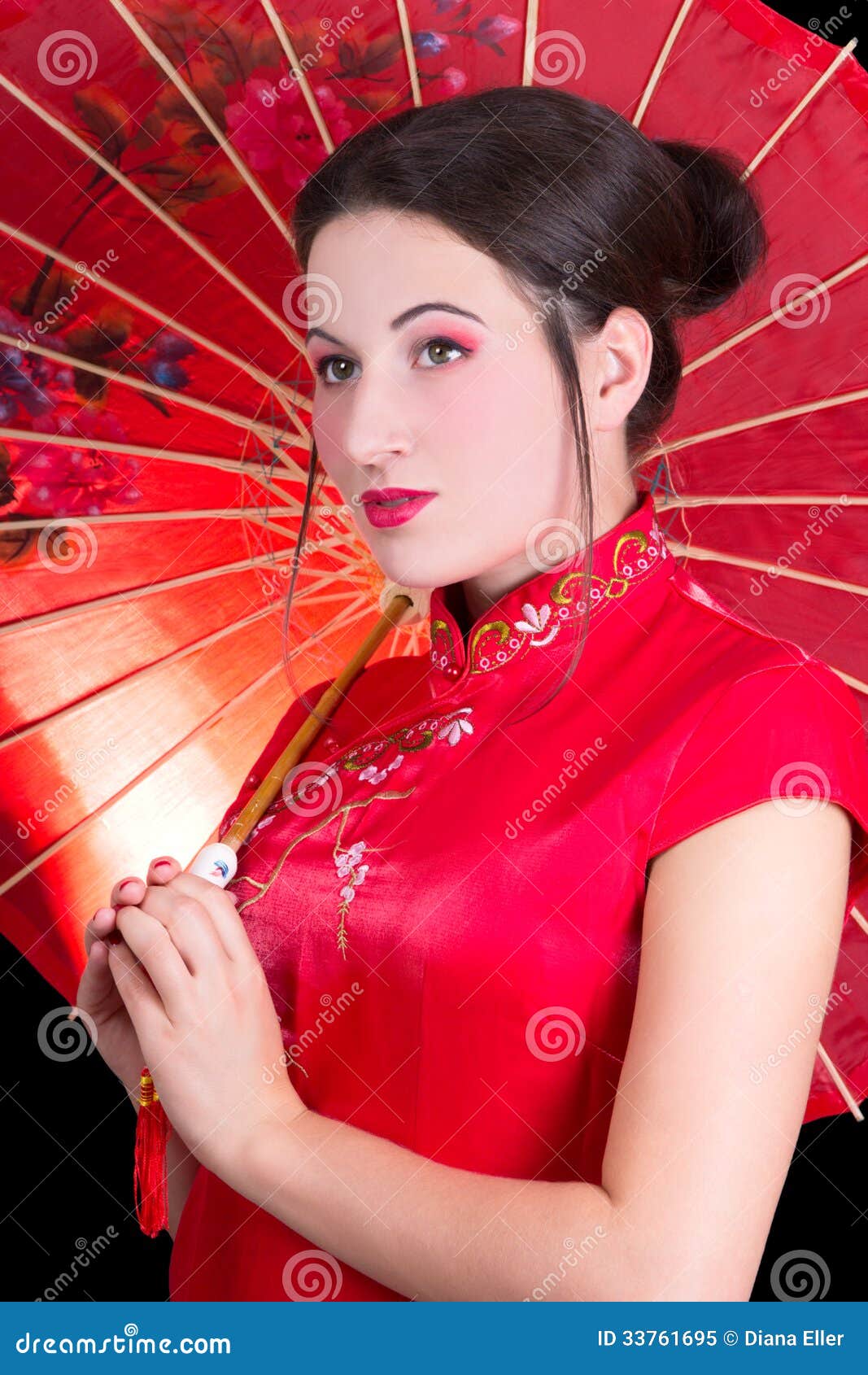 Portrait Of Beautiful Woman In Red Japanese Dress With 