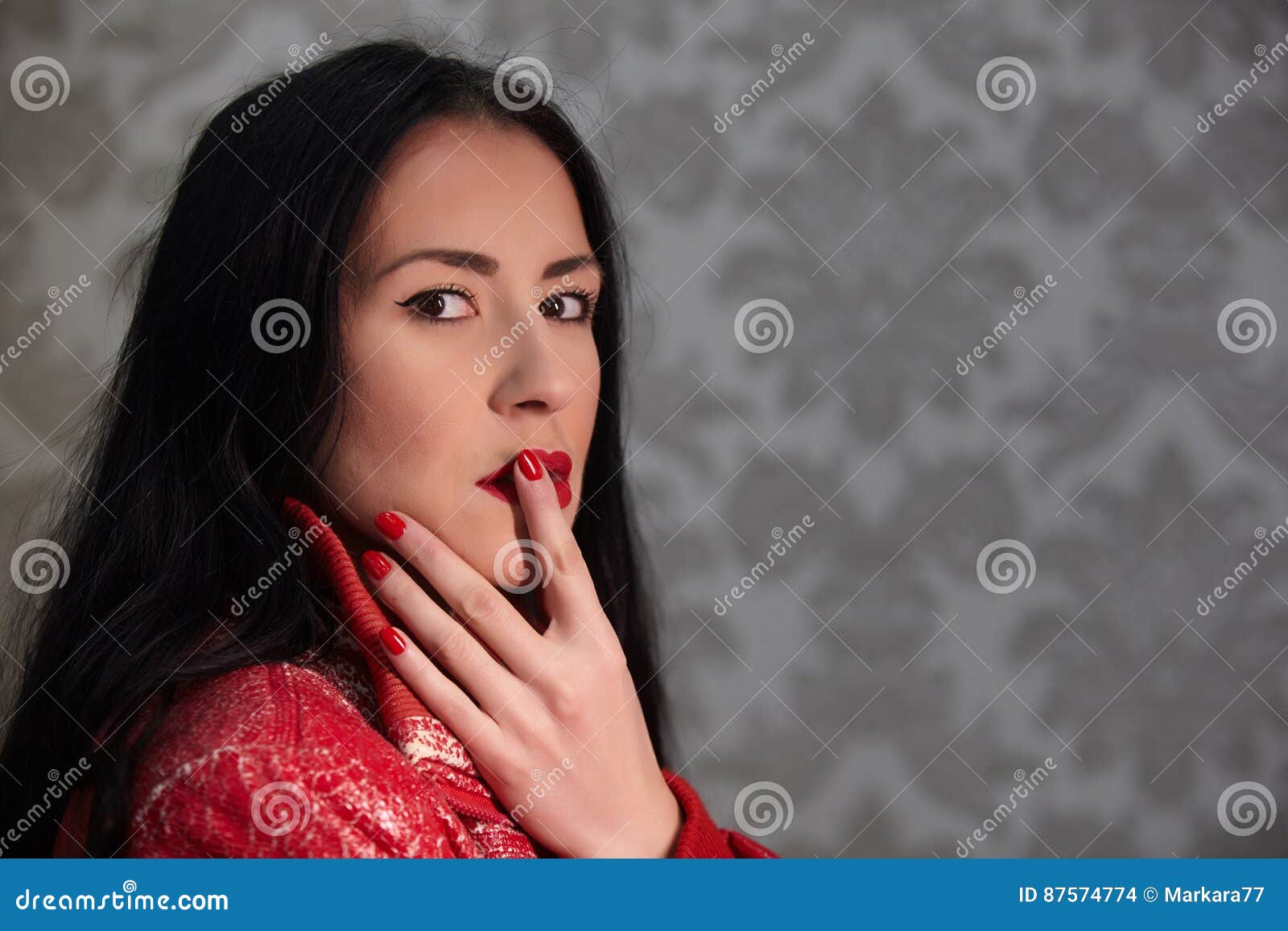 Portrait of Beautiful Woman with Red Nails. Stock Photo - Image of ...