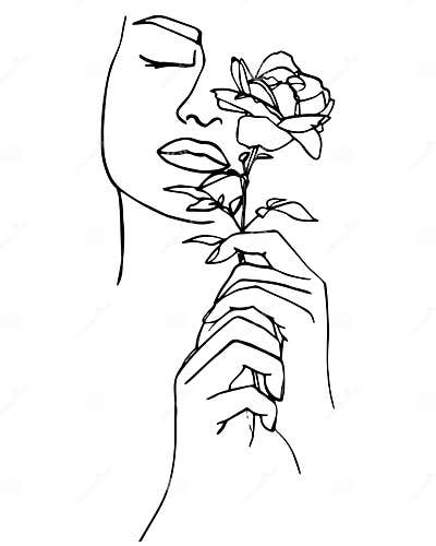 Portrait of Beautiful Woman with Rose Flower. Line Drawing Stock Vector ...