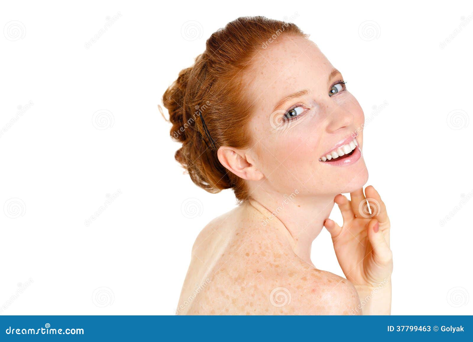 Portrait of Beautiful woman touching her face. Woman with Fresh Clean Skin, Beautiful Face. Pure Natural Beauty. Perfect Skin. Iso. Beautiful young redhead woman with freckles portrait isolated on white