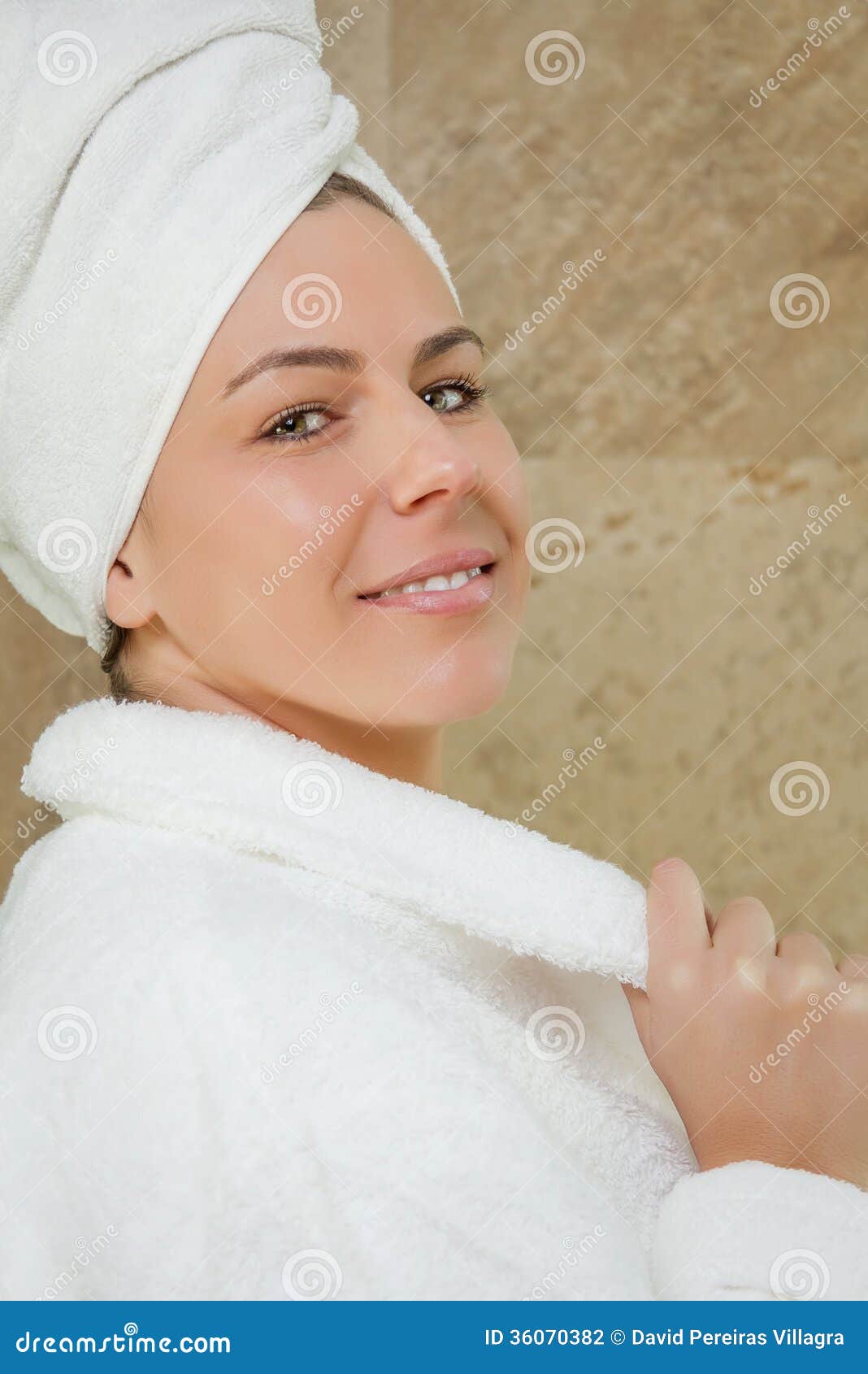 Portrait of Beautiful Woman with a White Bathrobe Stock Photo Image