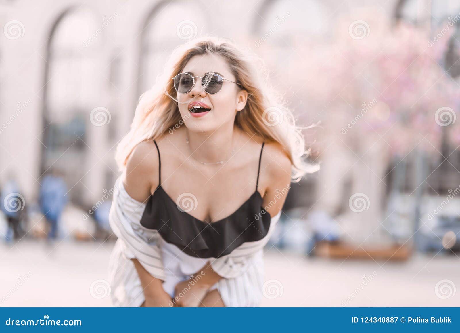 Beautiful Young Blonde Girl In Sunglasses With Puffy Lips And Feminine 