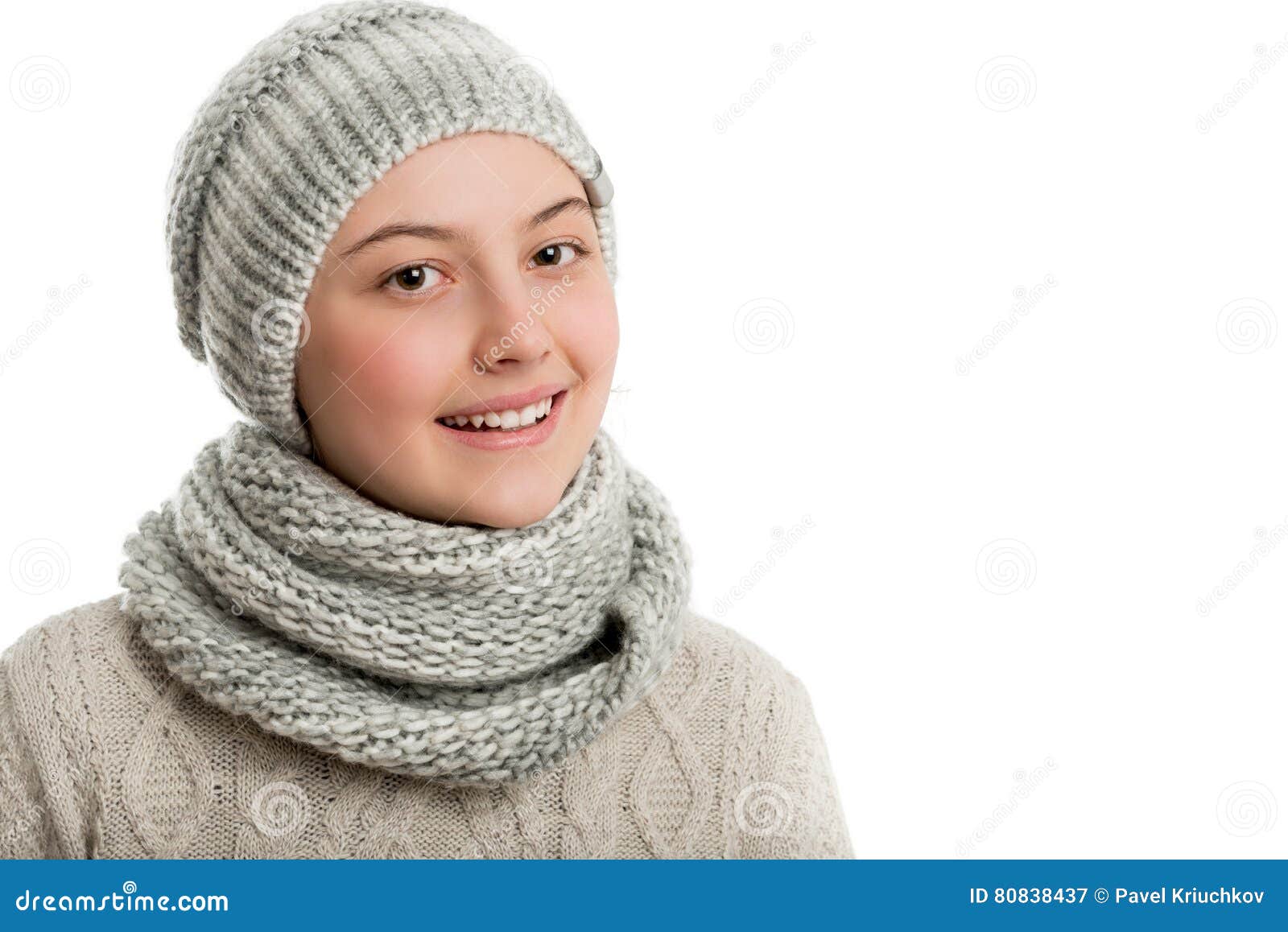 Portrait of Beautiful Young Cheerful Woman in a Knitted Hat and Scarf ...