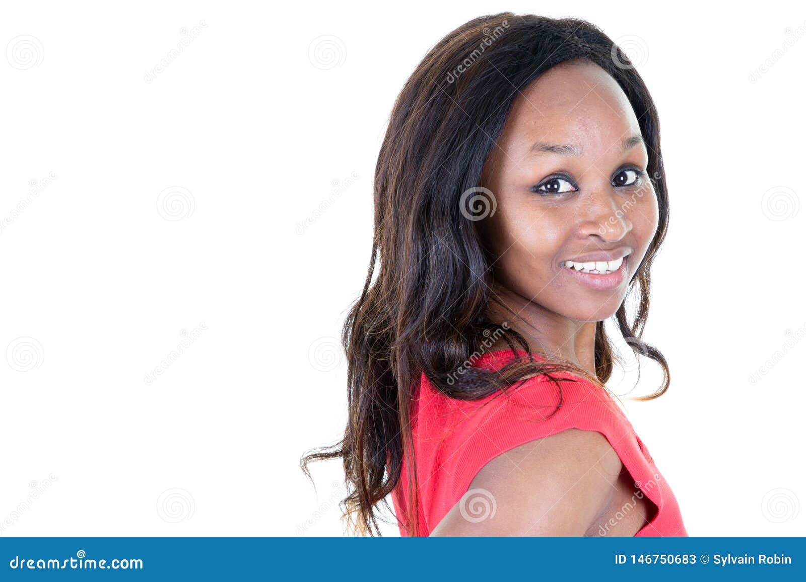Portrait of a Beautiful Young Woman African American in an Elegant Dress  Looking Back with Copy Space Stock Image - Image of business, joyful:  146750683