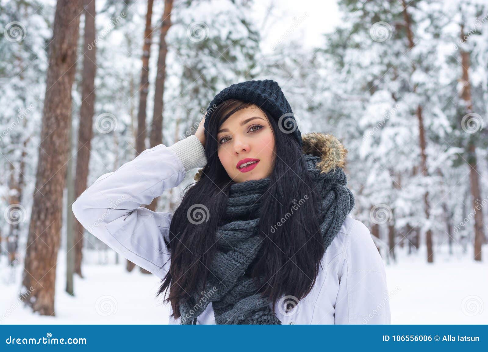 Portrait of a Beautiful Young Woman Brunette in a Winter Park Stock ...