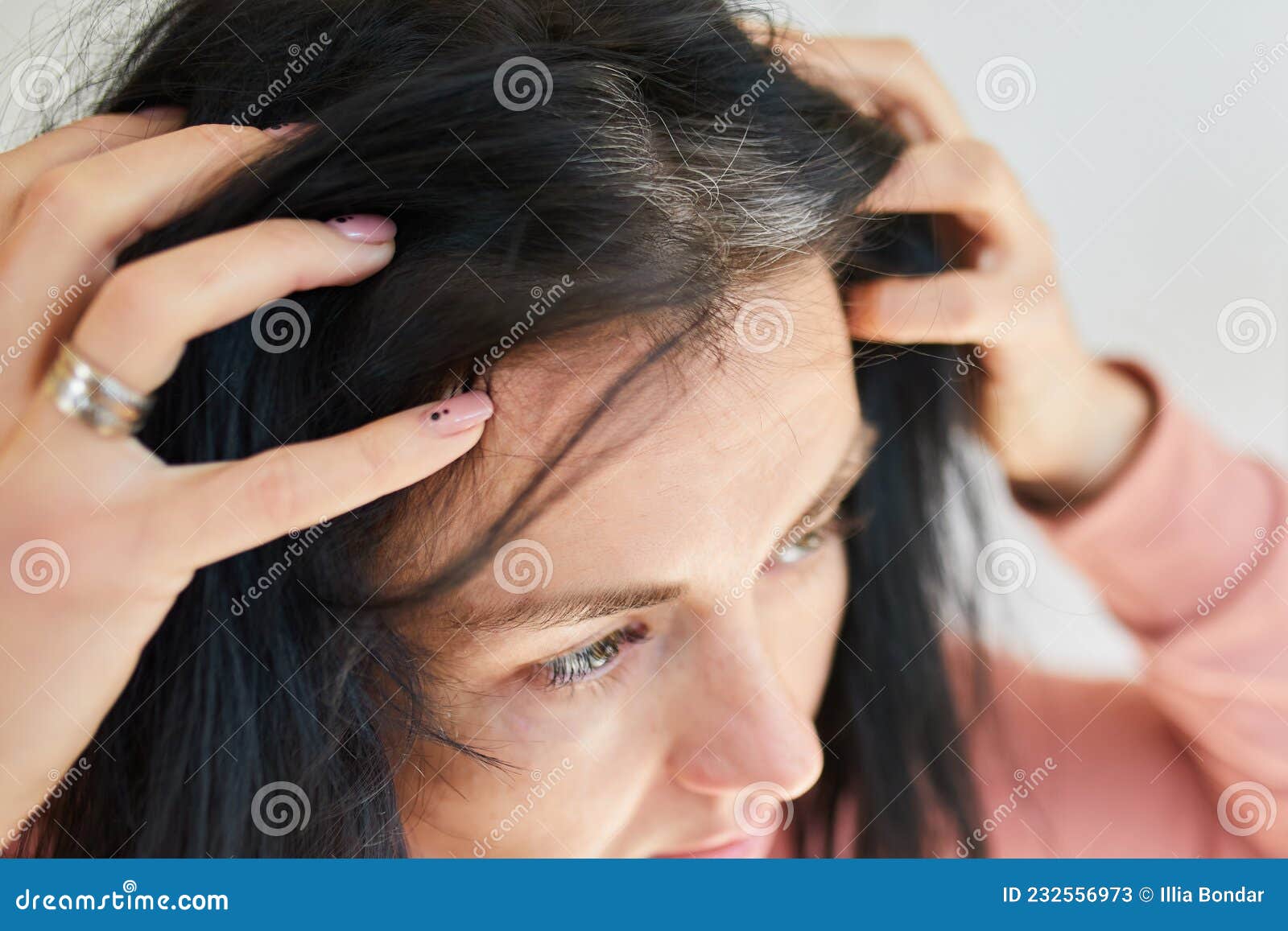 Portrait of a Beautiful Young Woman Examining Her Scalp and Hair in Front of the Mirror, Stock Image - Image of aghast, female: 232556973 Portrait of a Beautiful Young Woman Examining Her Scalp and Hair in Front of the Mirror, Stock Image - Image of aghast, female: 232556973