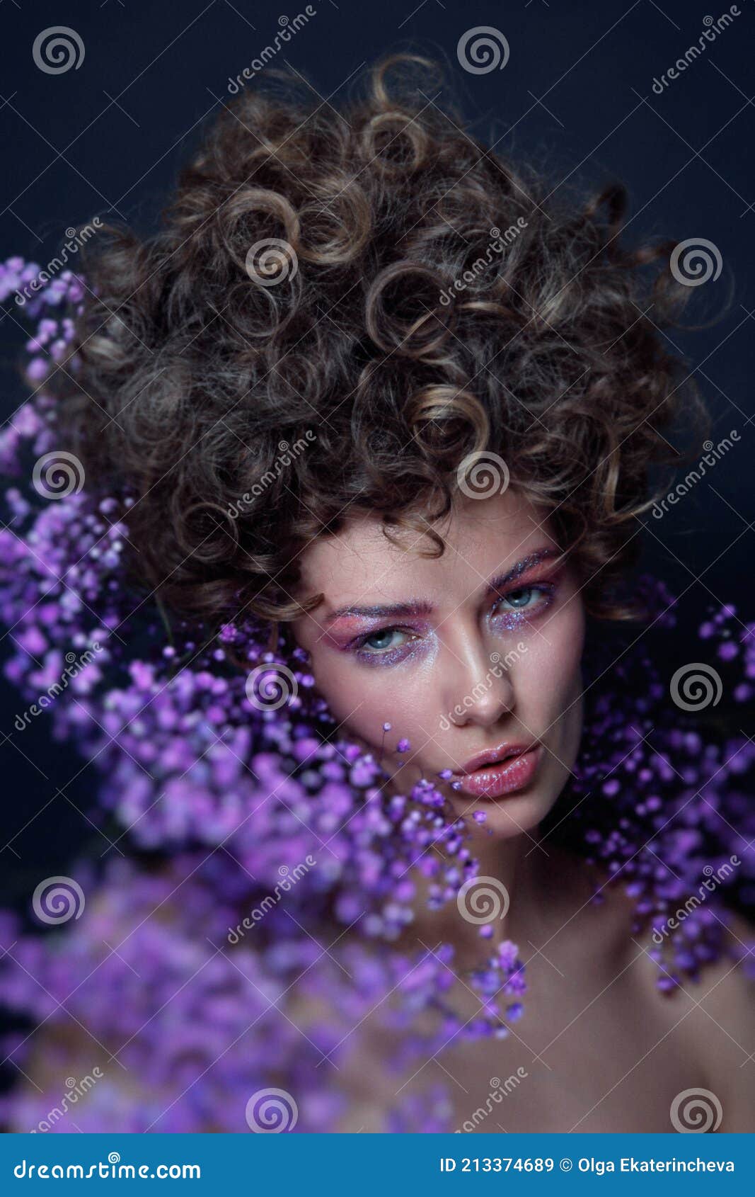 Portrait of Beautiful Young Woman with Fancy Hairdo and Violet Flowers Around Her Face, Soft Focus, Grainy Stock Image - Image of eyebrows, hair: 213374689 Portrait of Beautiful Young Woman with Fancy Hairdo and Violet Flowers Around Her Face, Soft Focus, Grainy Stock Image - Image of eyebrows, hair: 213374689