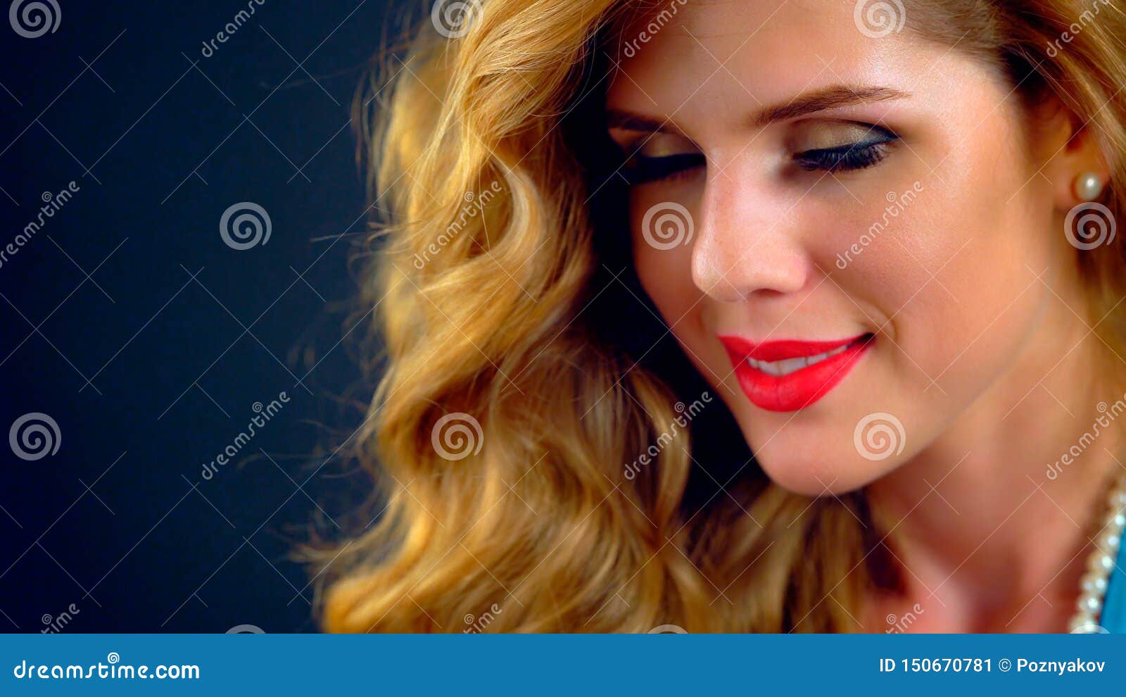 Portrait Beautiful Young Woman With Long Hair And Red Lips