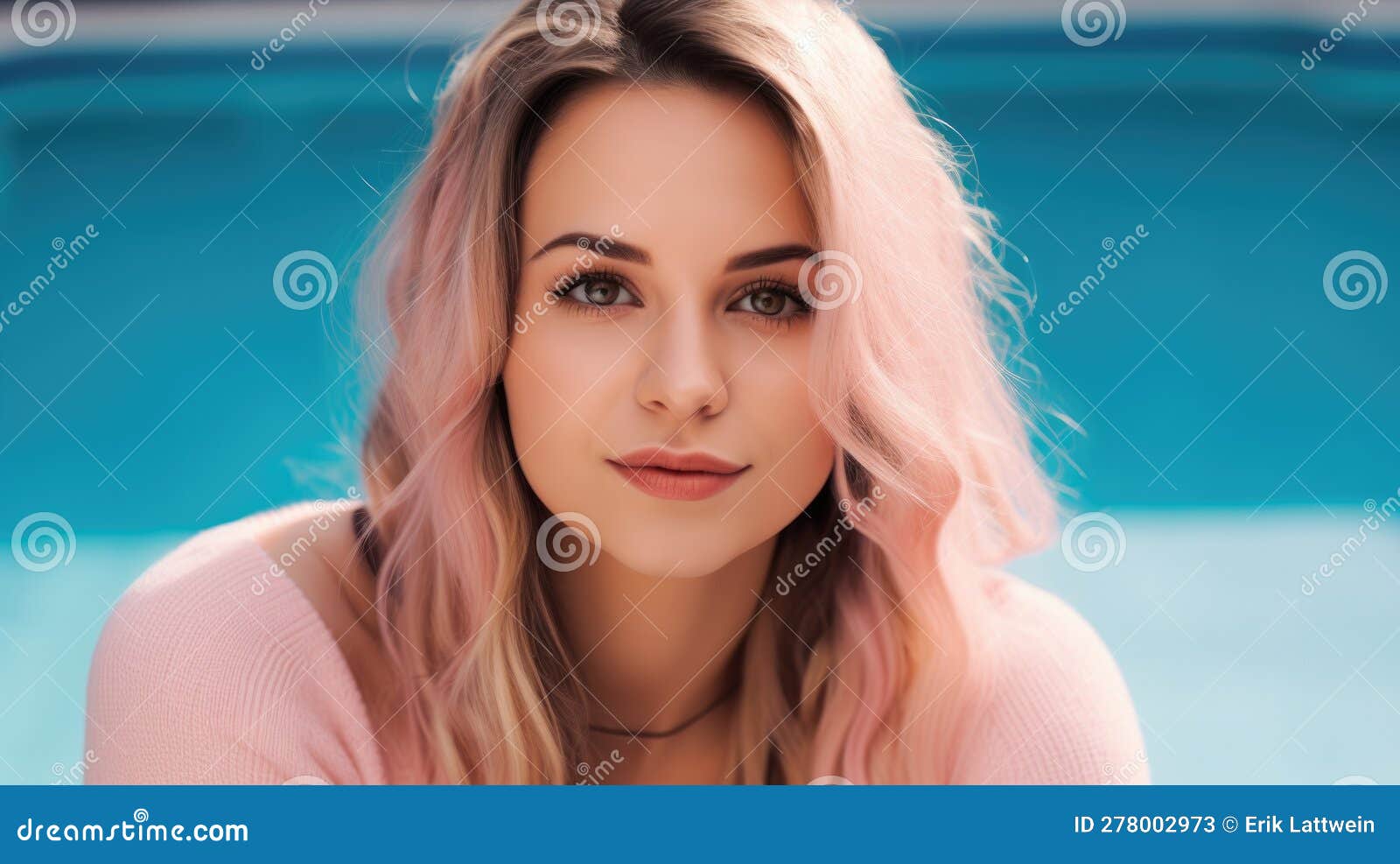 Portrait Of Beautiful Young Woman With Pink Hair In Swimming Pool Made With Generative Ai 