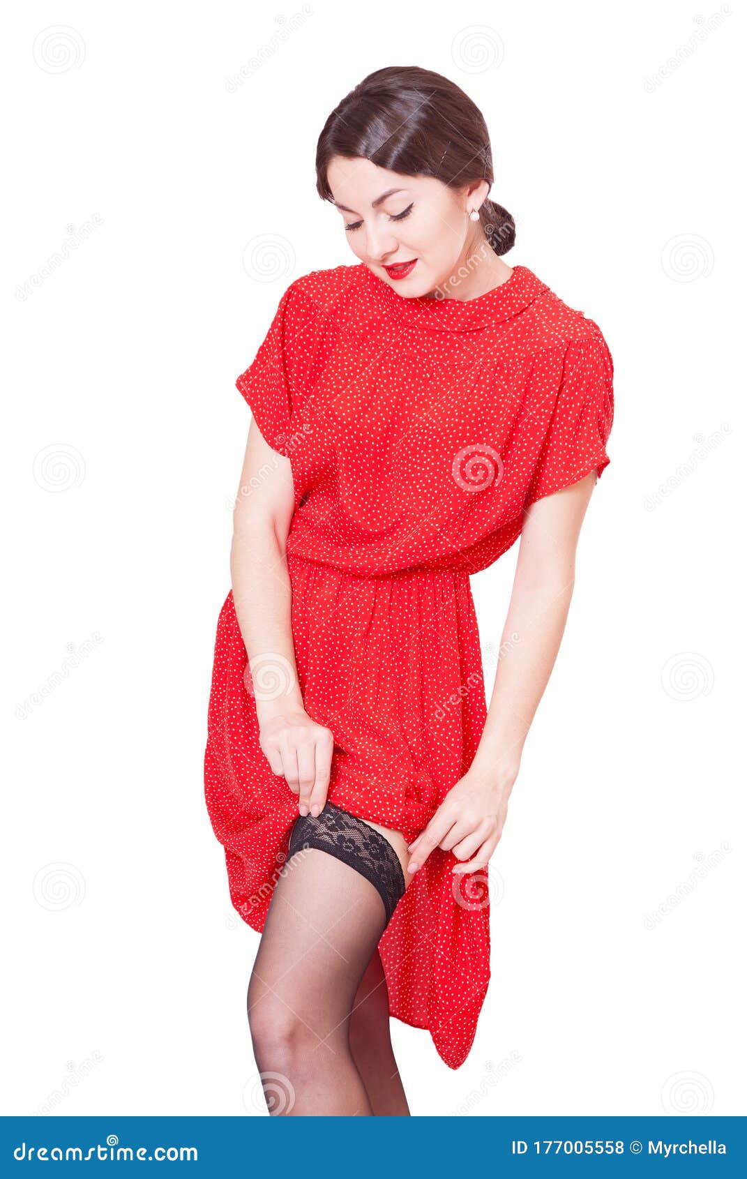 Portrait Of A Young Beautiful Woman In Red Dress Stock 