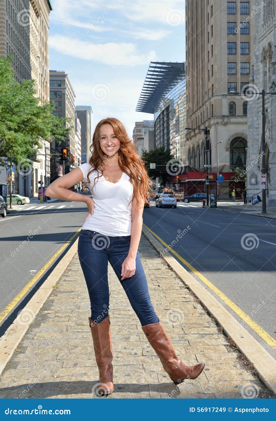 Portrait of Beuatiful Young Woman with Red Hair in White Shirt and ...