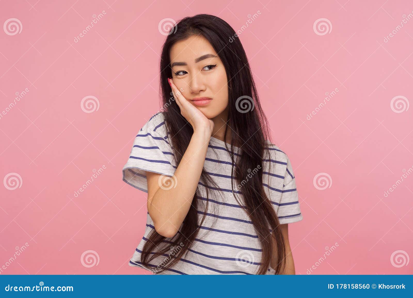 Portrait of Bored Lazy Upset Girl with Brunette Hair Leaning on Hand ...