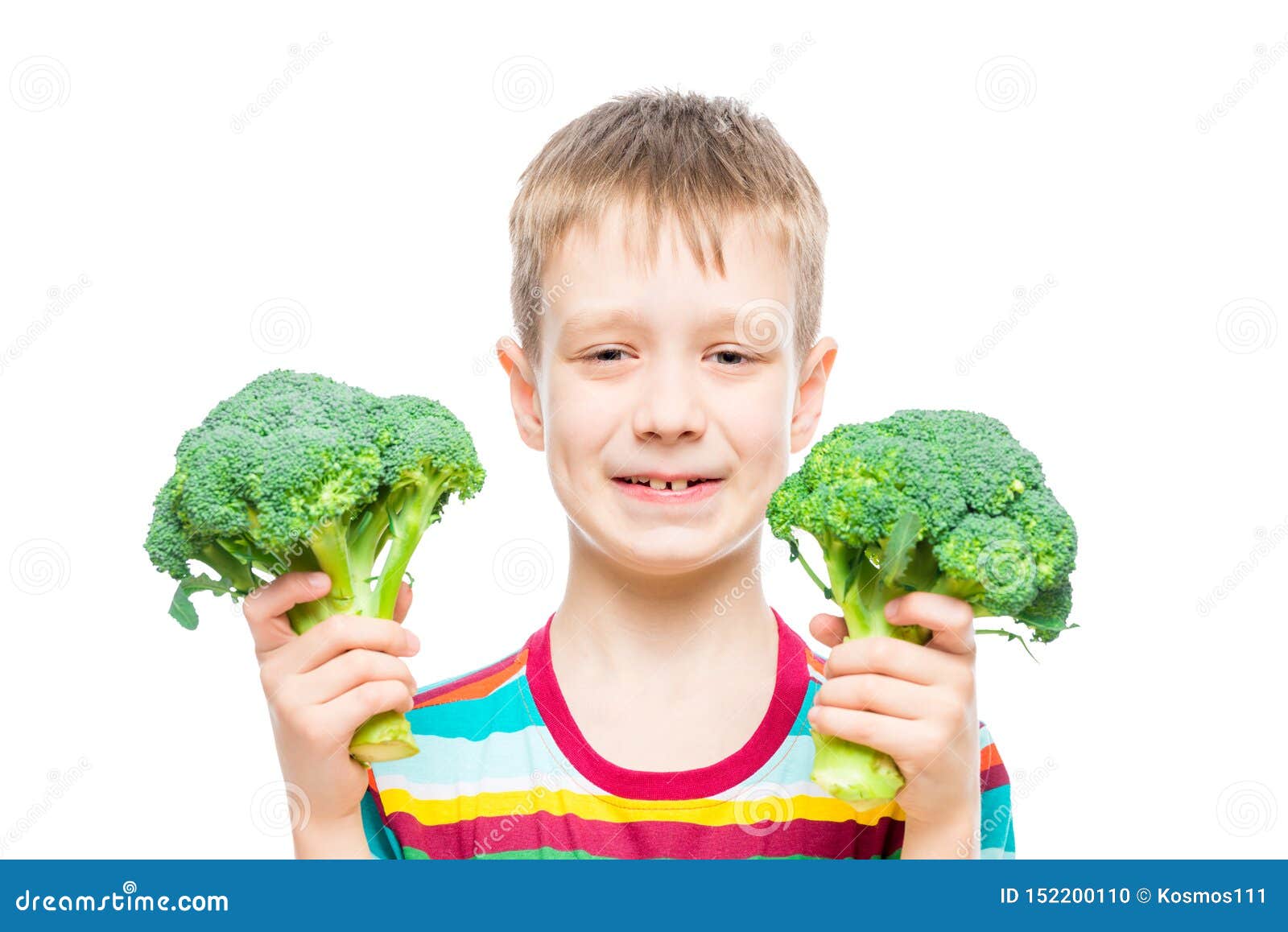 Portrait Of A Boy With Broccoli In Hands On White Background Stock