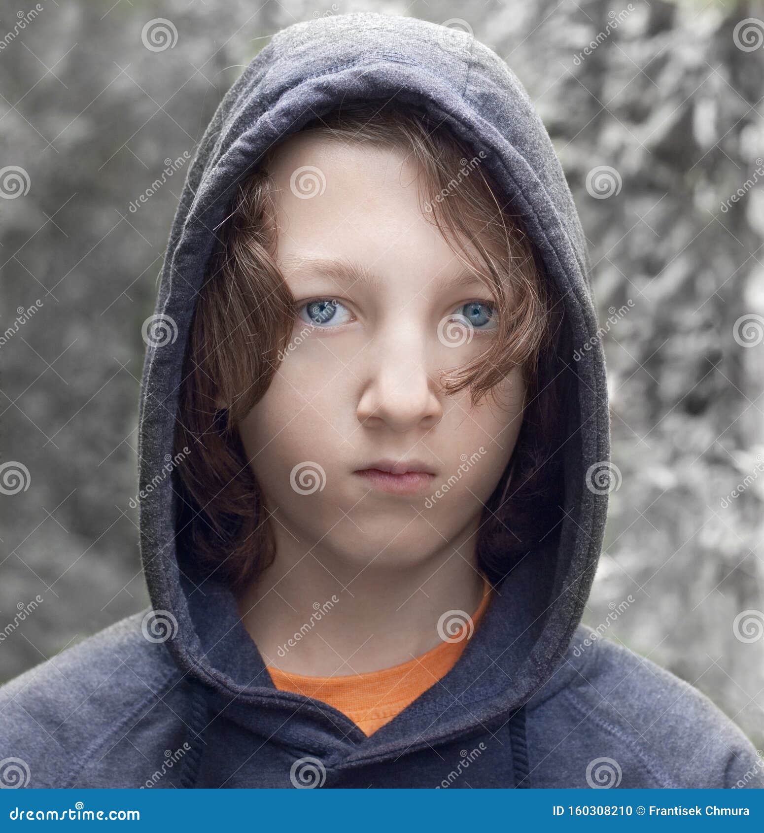 Portrait of a Boy with Brown Hair and Hood Stock Photo - Image of ...