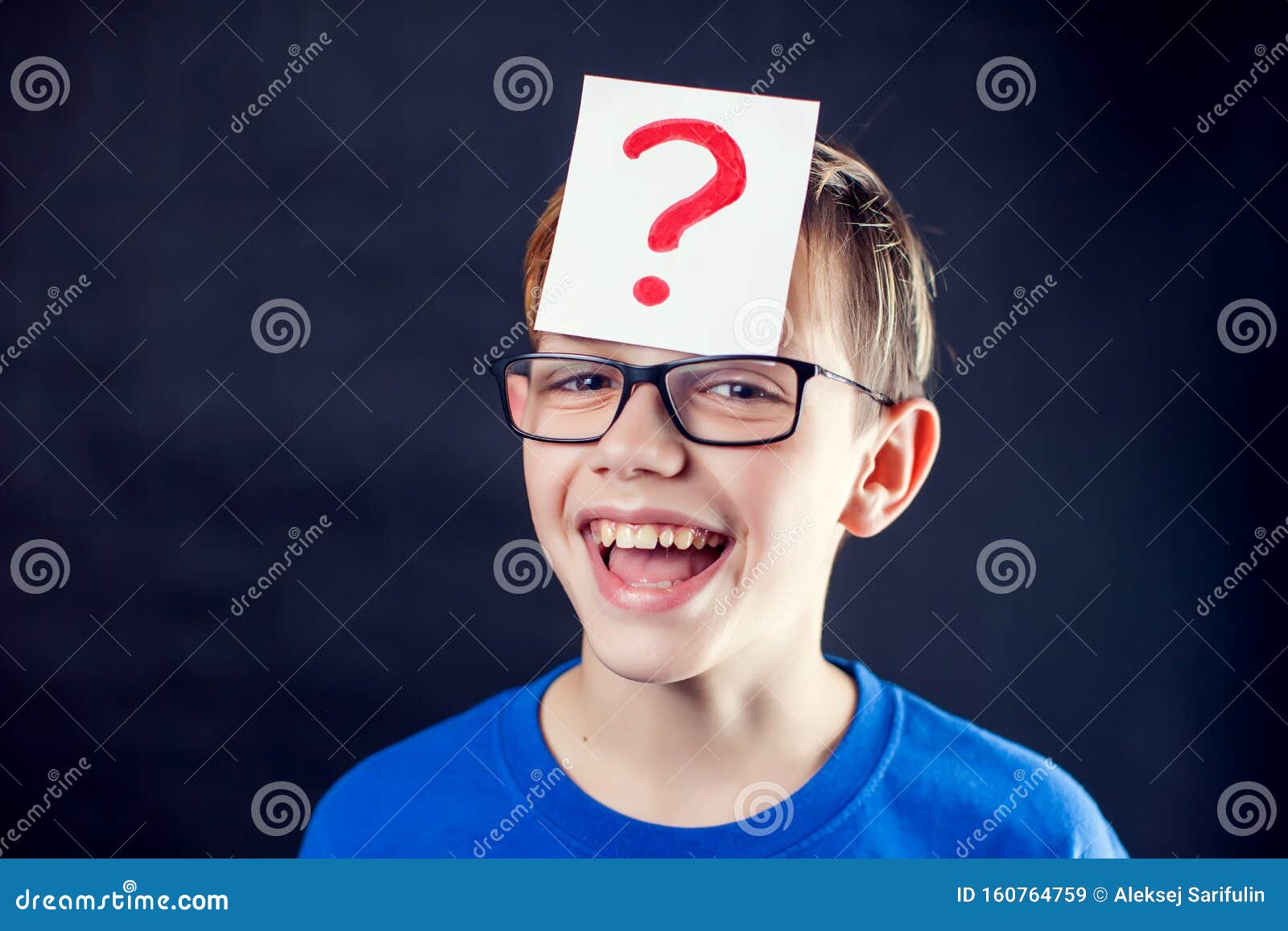 A Portrait of a Boy with Eyeglasses and Question Mark at His Head in ...