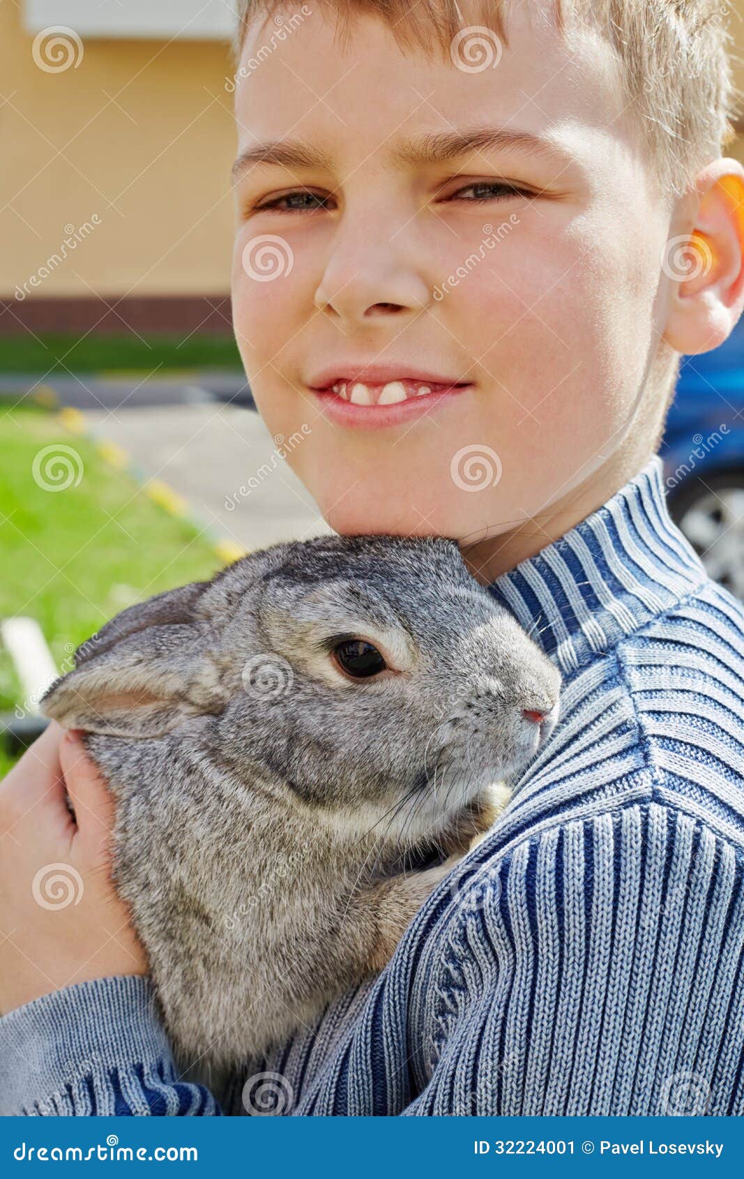 Portrait of Boy that Holds Rabbit in Hands Stock Image Image of