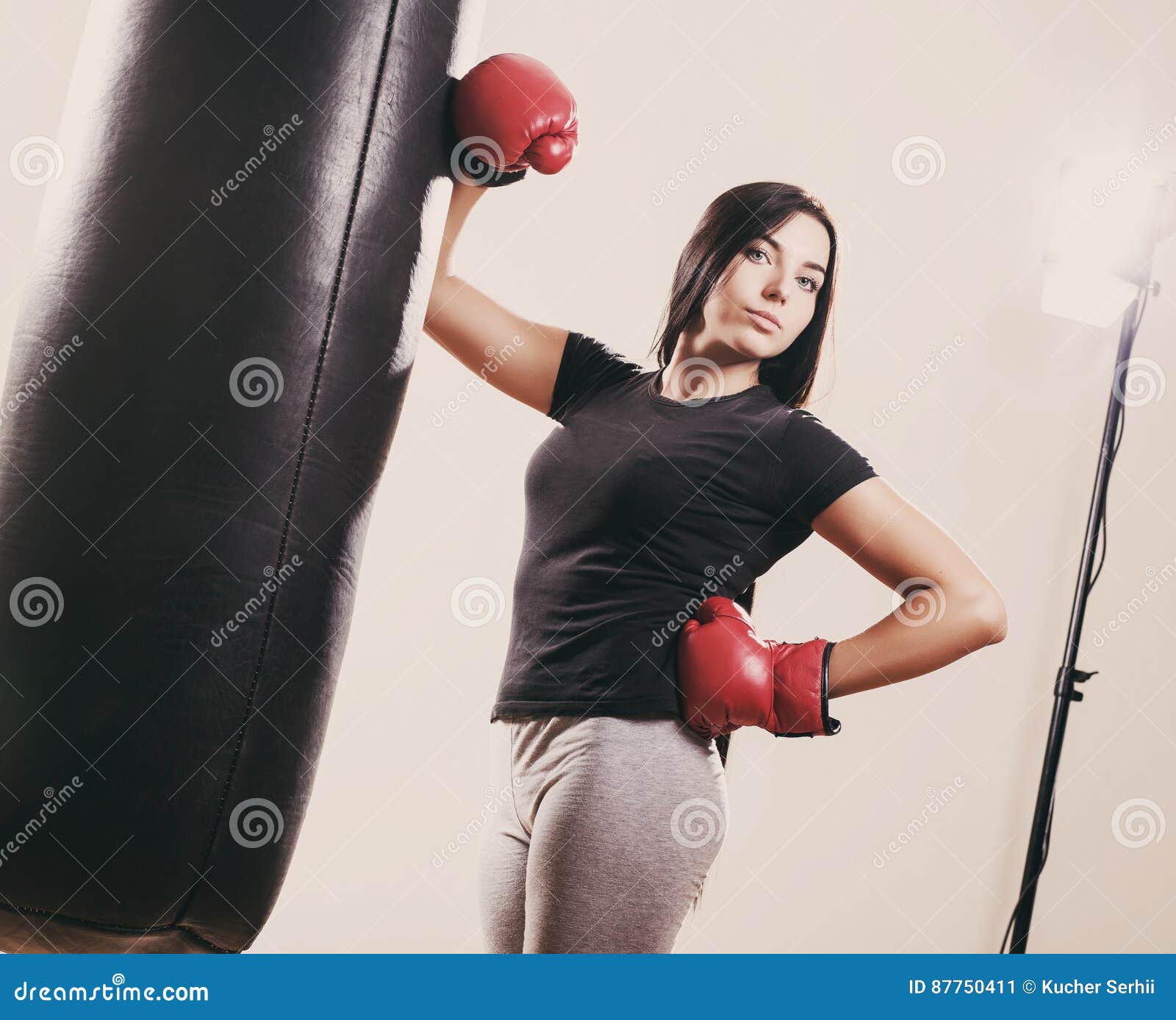 Portrait Brunette Boxing Girl In Gloves And Punching Bag Stock Image Image Of Body Dumbbell