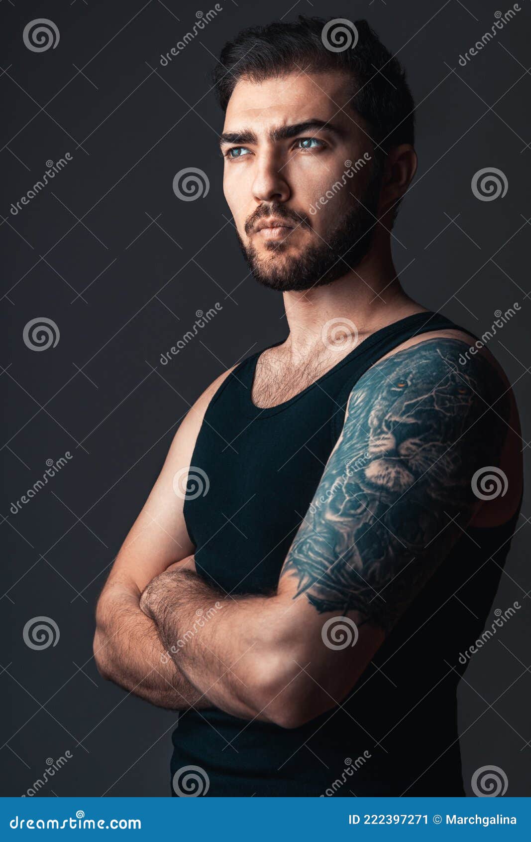 Guy with Lion Tattoo on His Arm on Black Background Stock Image - Image of  look, studio: 222397271