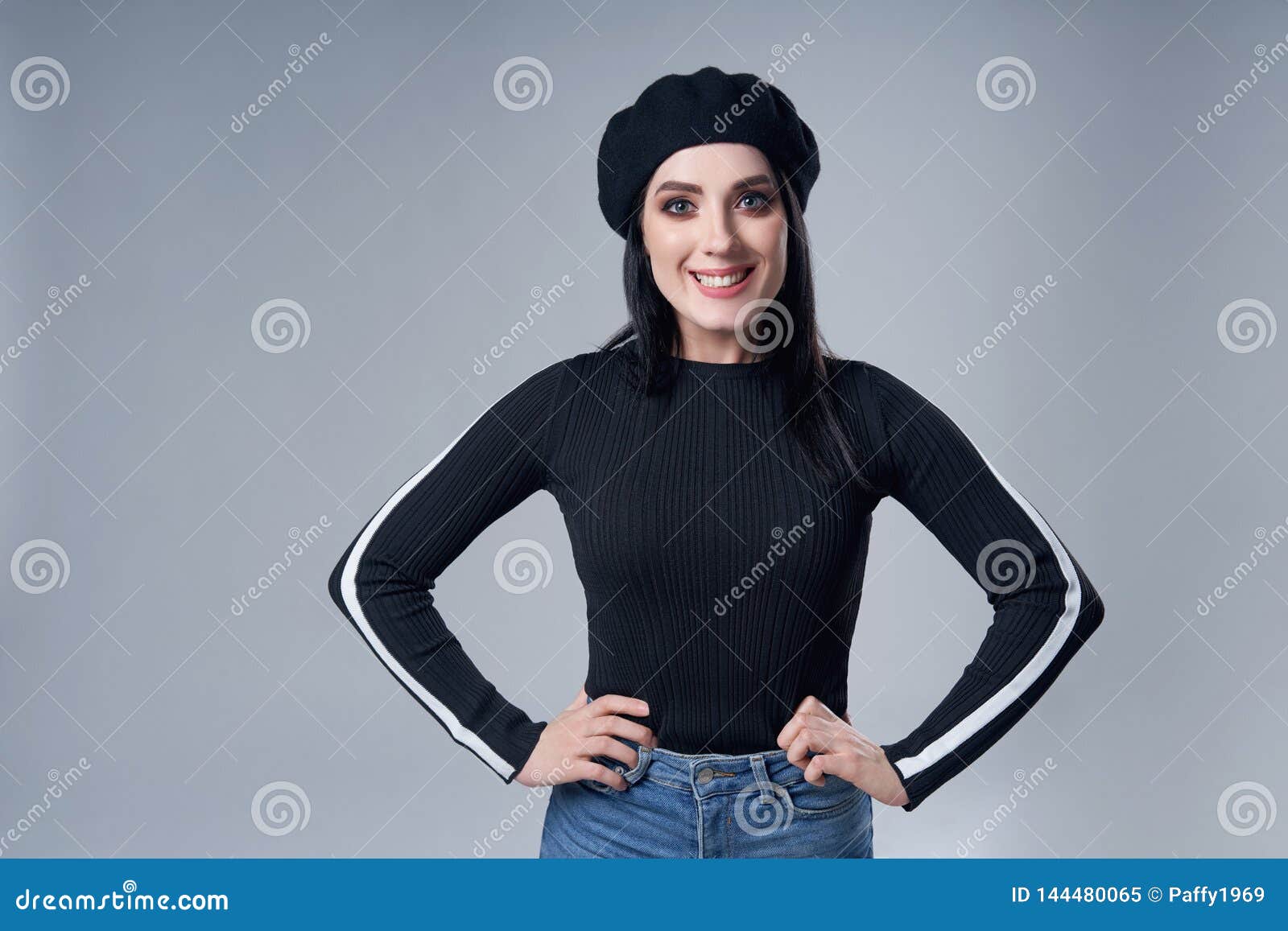 Portrait of Brunette Smiling Girl in Beret Stock Image - Image of ...