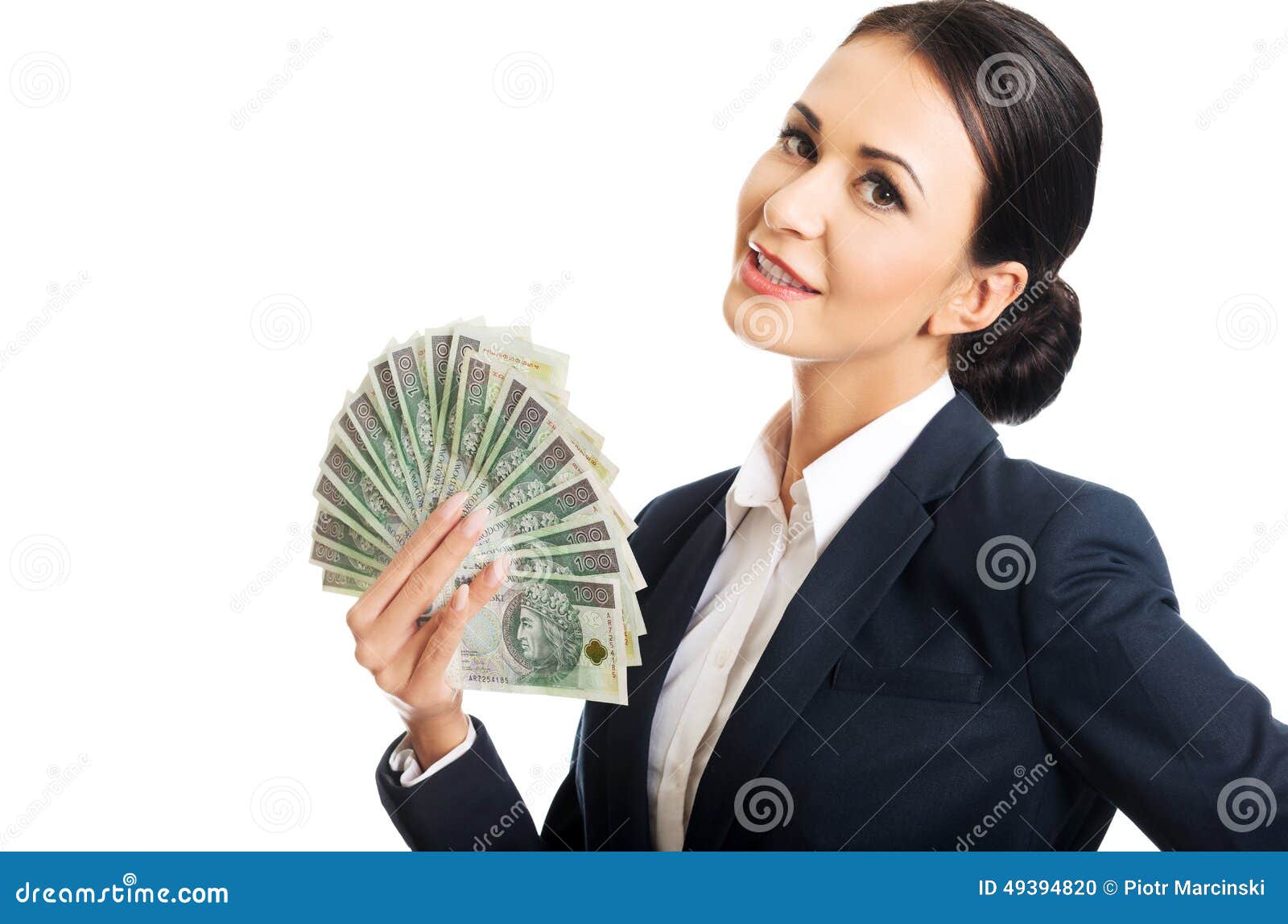 portrait businesswoman holding a clip of money