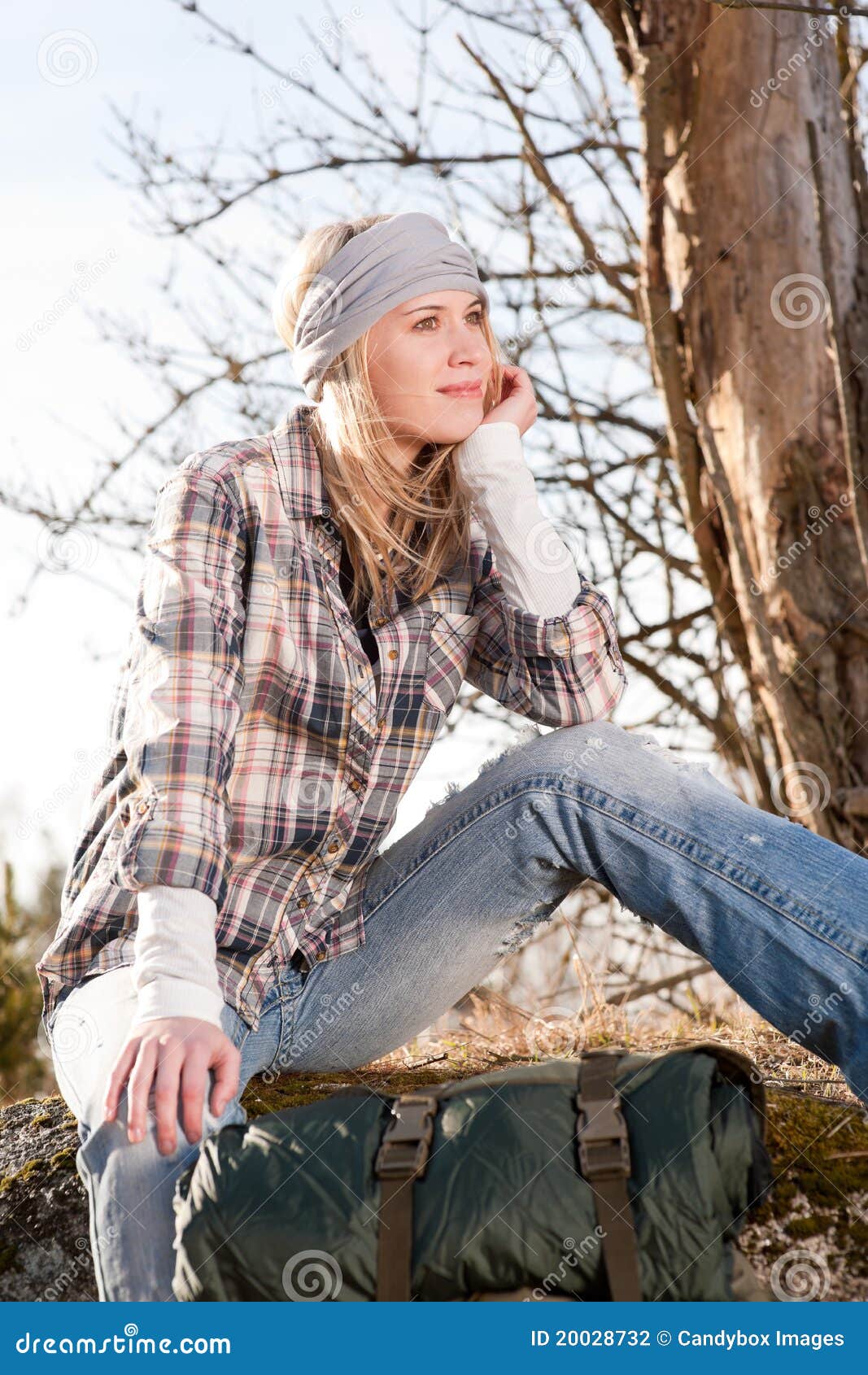 Portrait Camping Young Woman Backpack in Country Stock Photo Image of