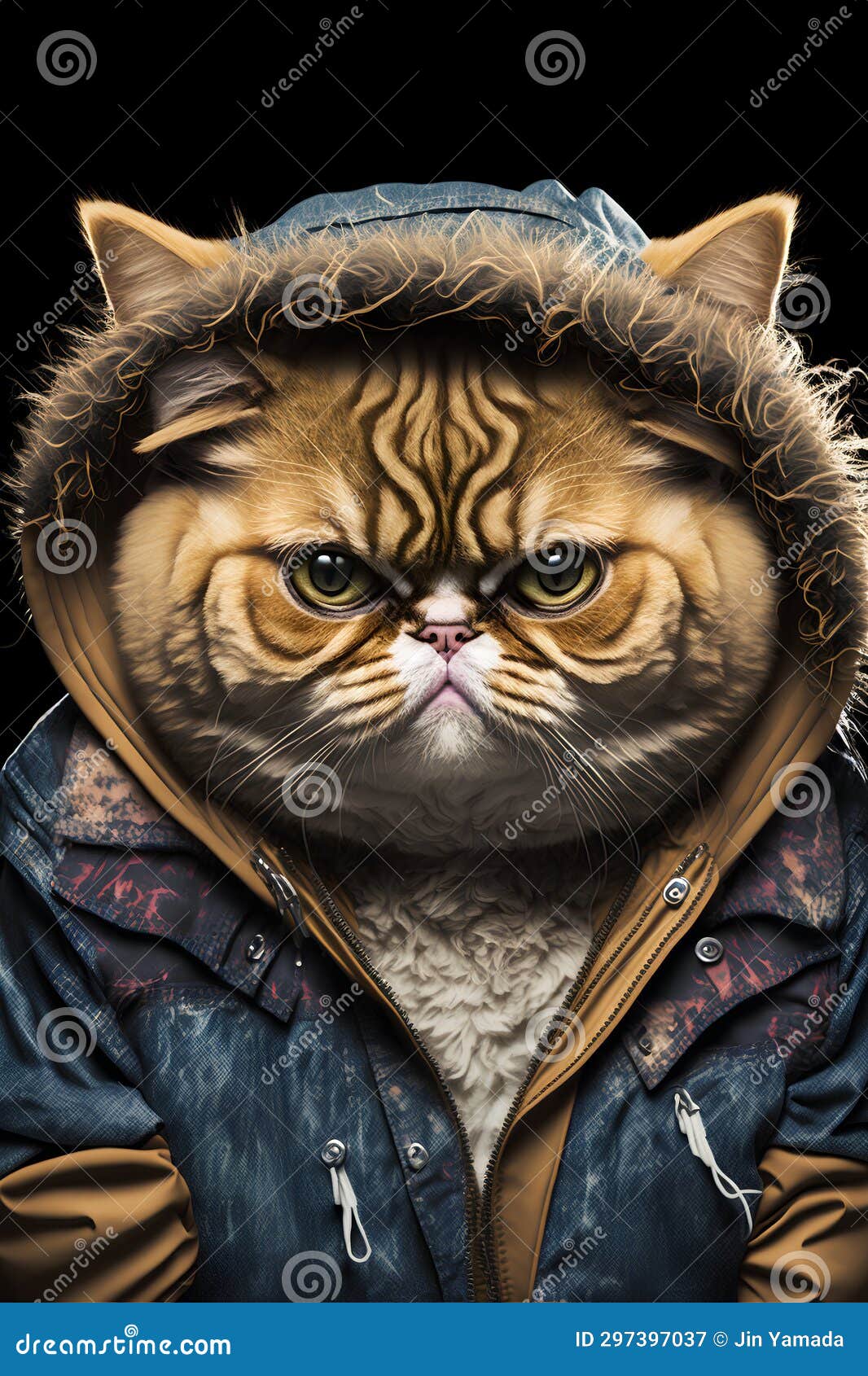 Portrait of a Cat in a Hooded Jacket on a Black Background. Stock