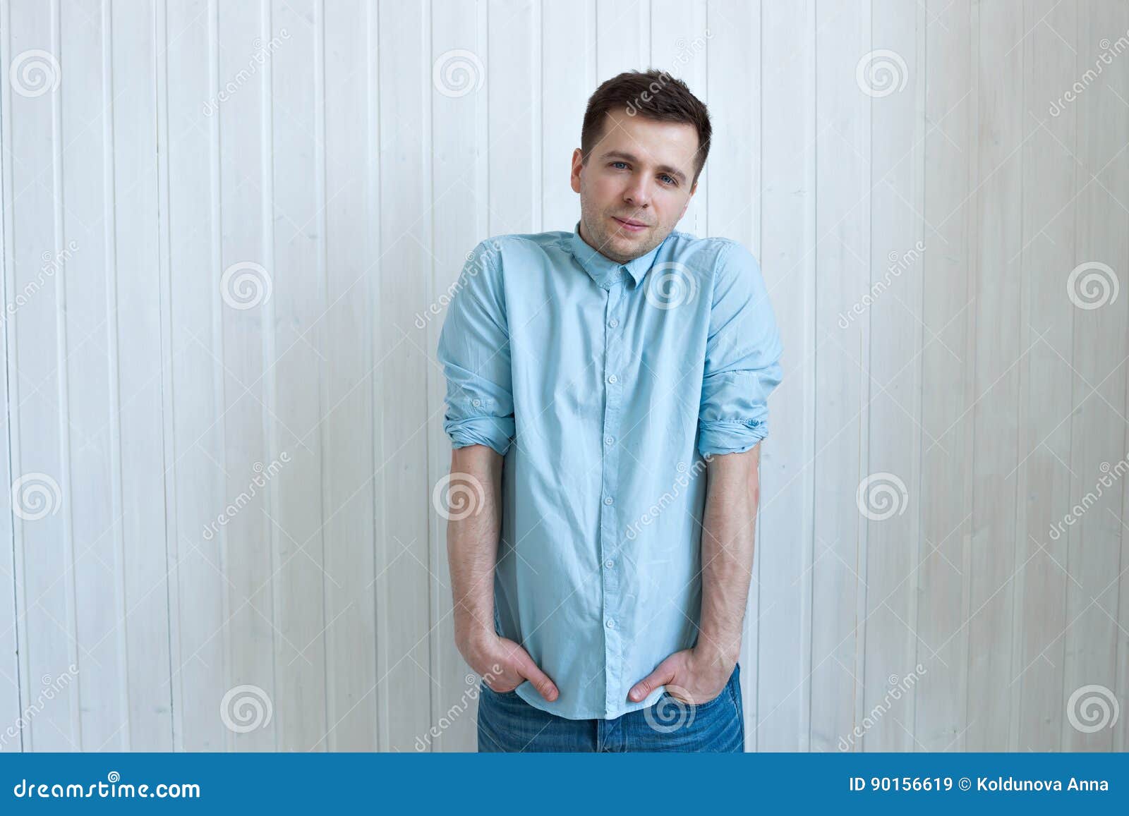 Portrait of Caucasian Shy Young Man Stock Image - Image of blue, people ...