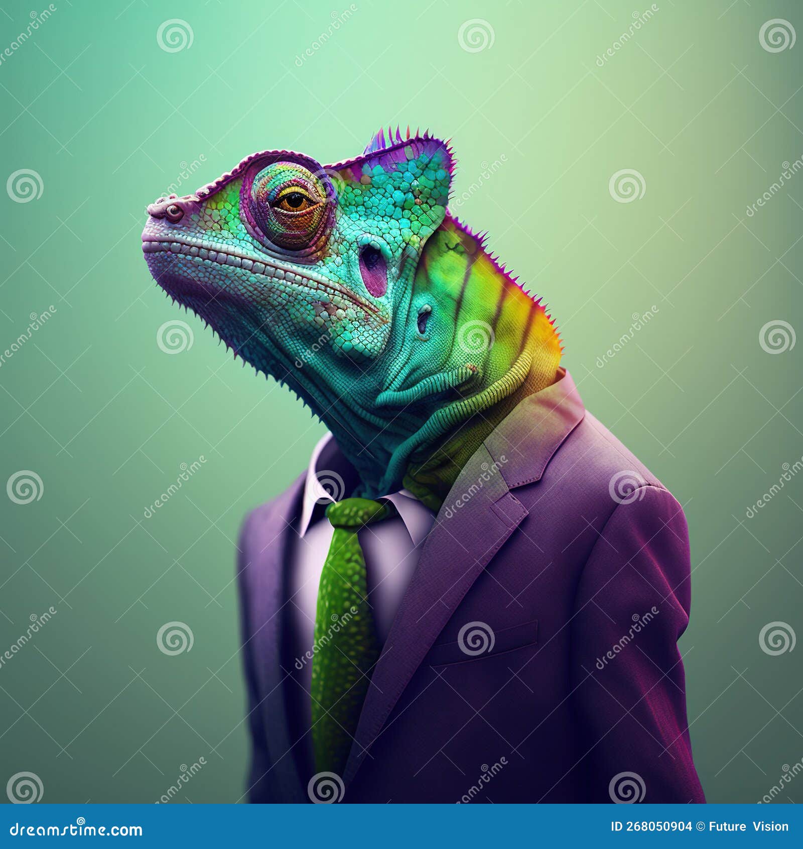 portrait of chameleon with purple suit and green tie, created using generative ai technology