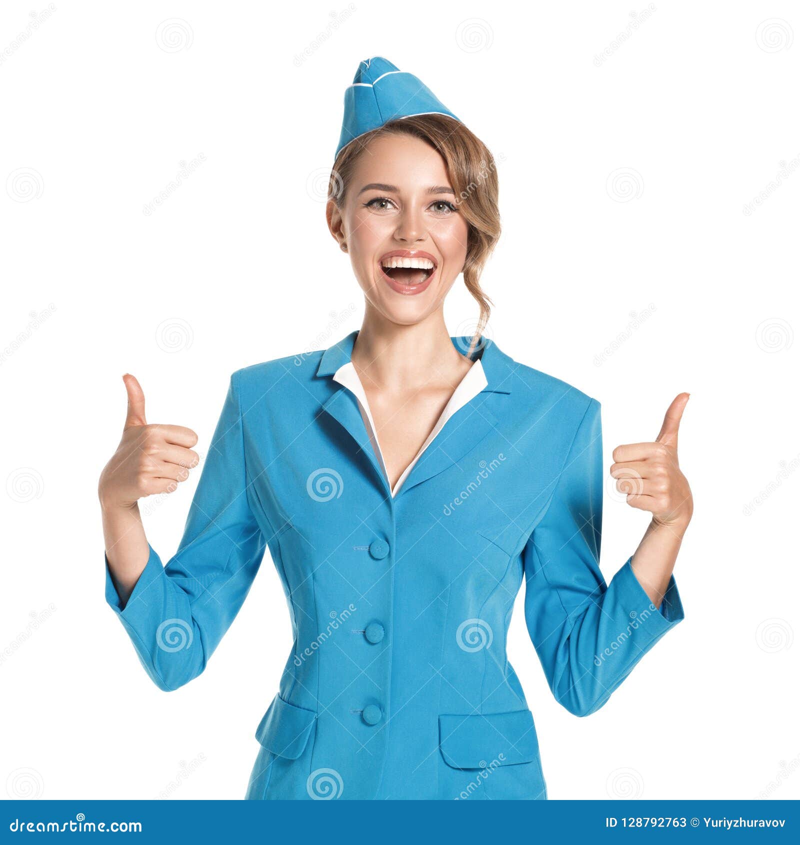 portrait of charming stewardess wearing in blue uniform.