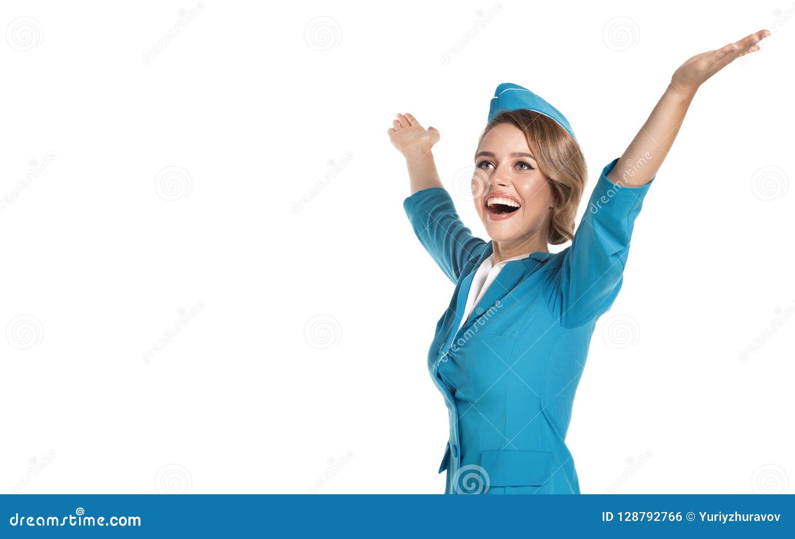 portrait of charming stewardess wearing in blue uniform.