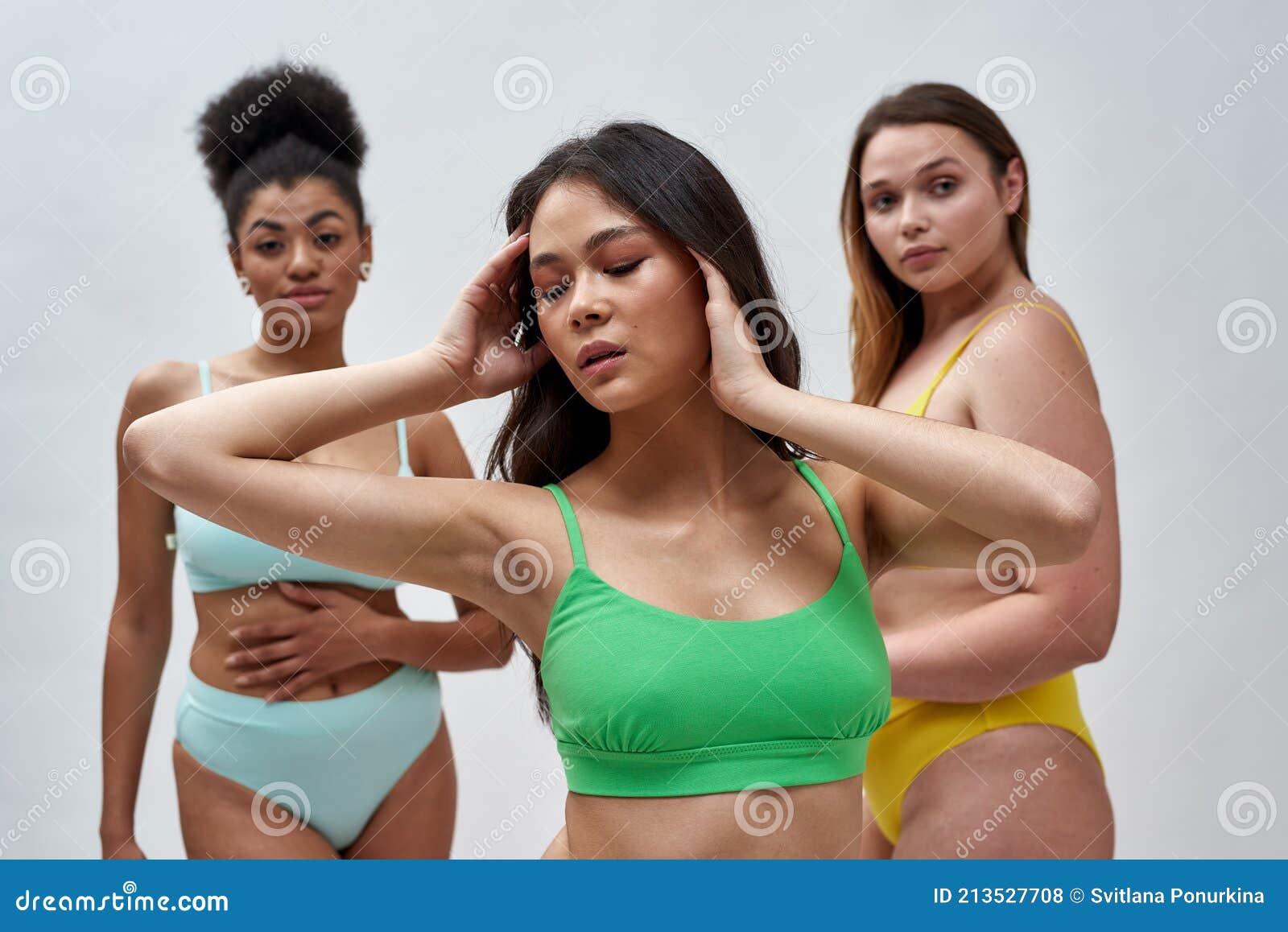 Three Young Women with Different Body Shapes in Colorful Underwear Posing  Together Isolated Over Light Background Stock Photo - Image of beautiful,  isolated: 213993590