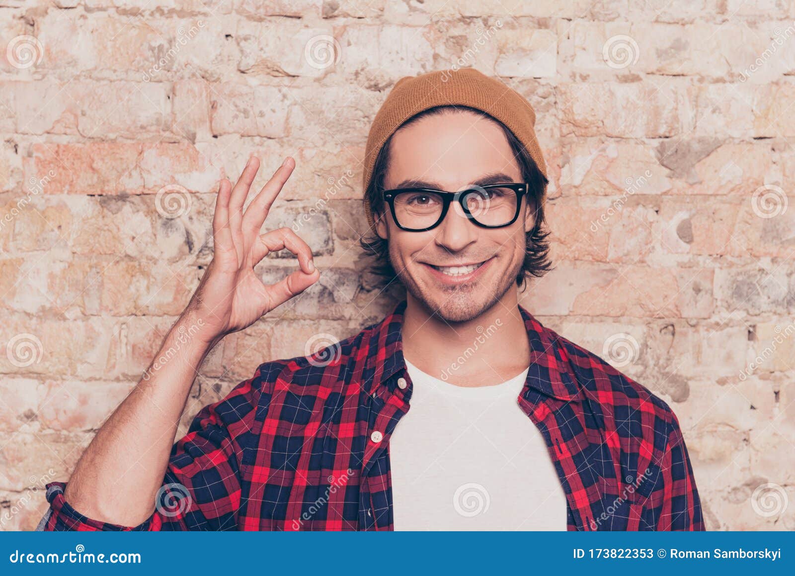 Portrait Of Cheerful Hipster Man In Glasses Gesturing Ok Stock Image Image Of Attractive