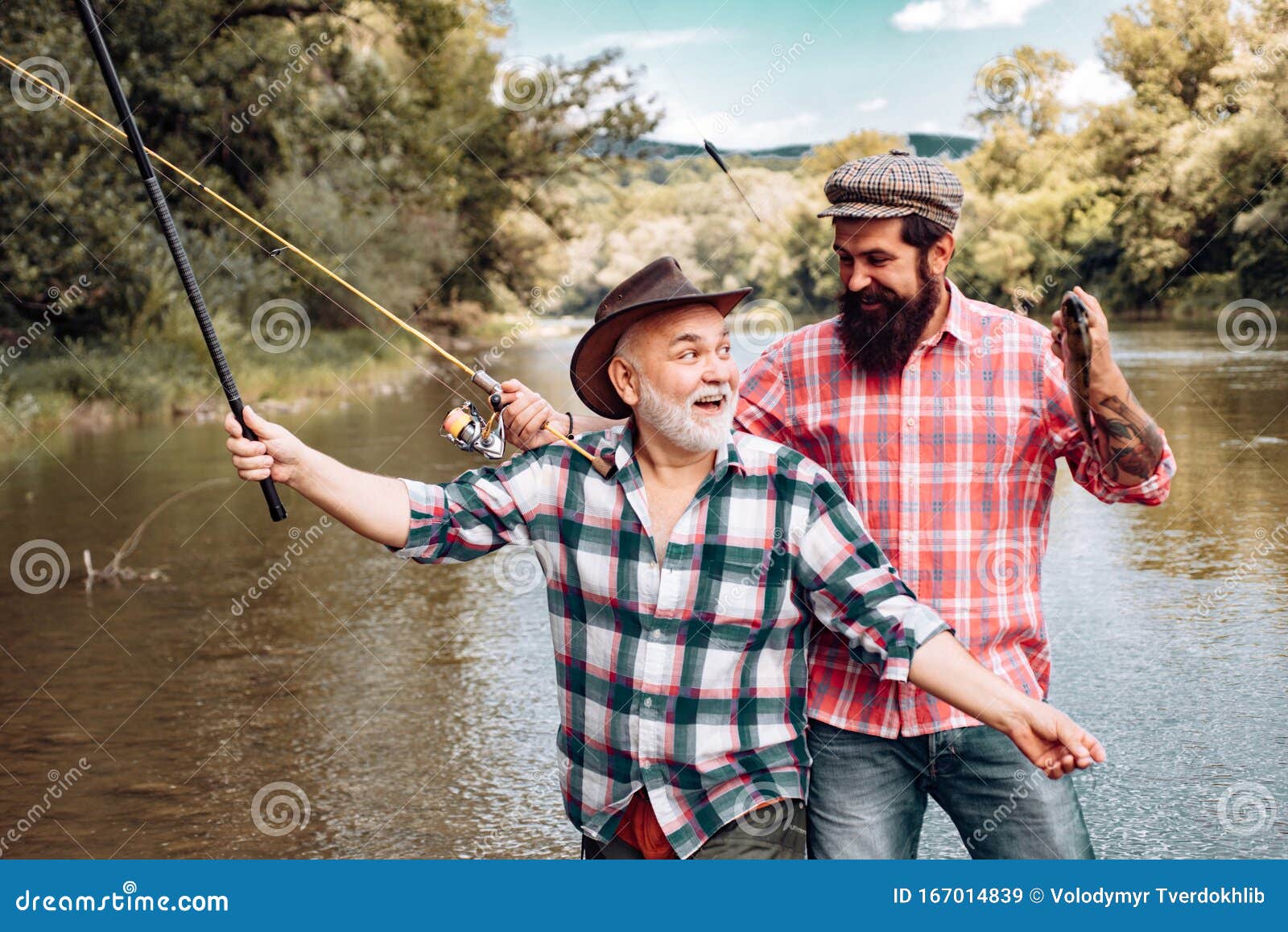 Portrait of Cheerful Two Bearded Men Fishing. Fishermen Fishing