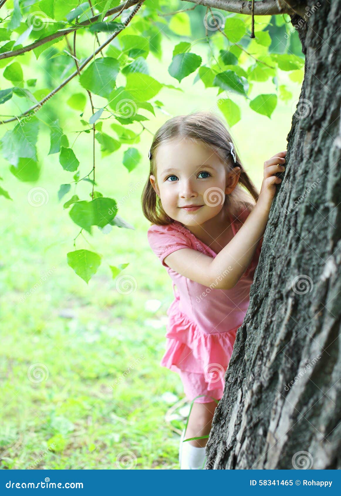 Portrait of Child Little Girl Near Tree in Summer Stock Image - Image ...