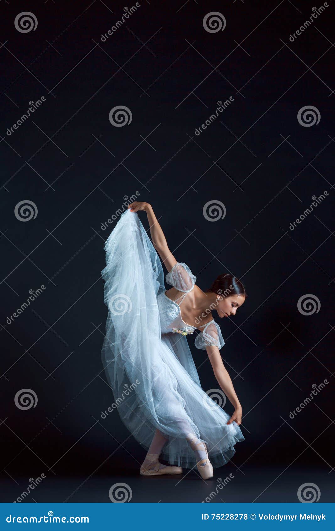 Portrait of the Classical Ballerina in White Dress on Black Background ...