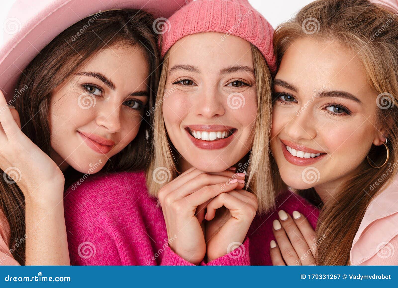 Portrait Closeup Of Three Pretty Girls Wearing Pink Clothes Smiling Stock Image Image Of