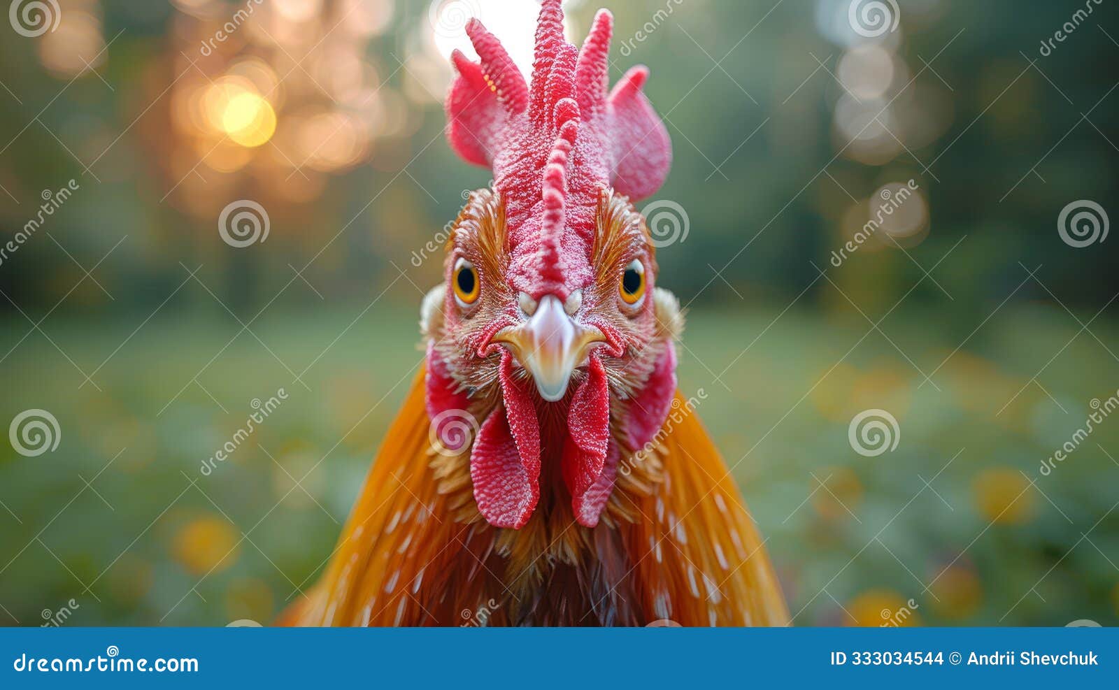 portrait of a colorful rooster crowing at sunrise in a field
