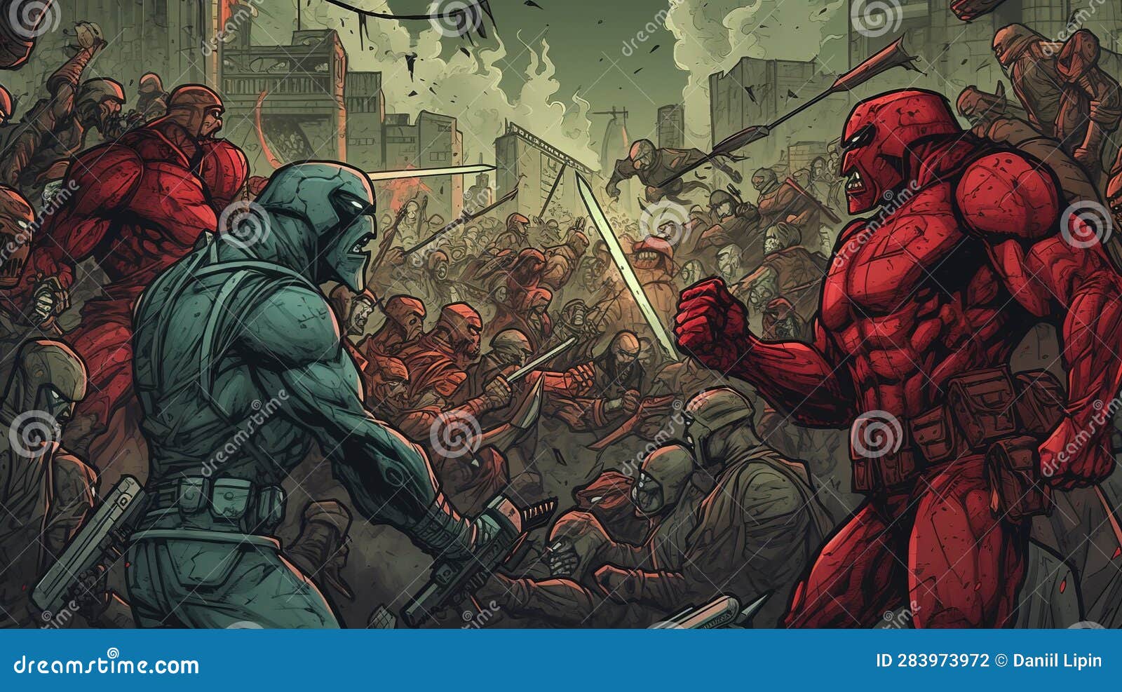 portrait of a comic book team facing off against a powerful adversary. fantasy concept ,  painting