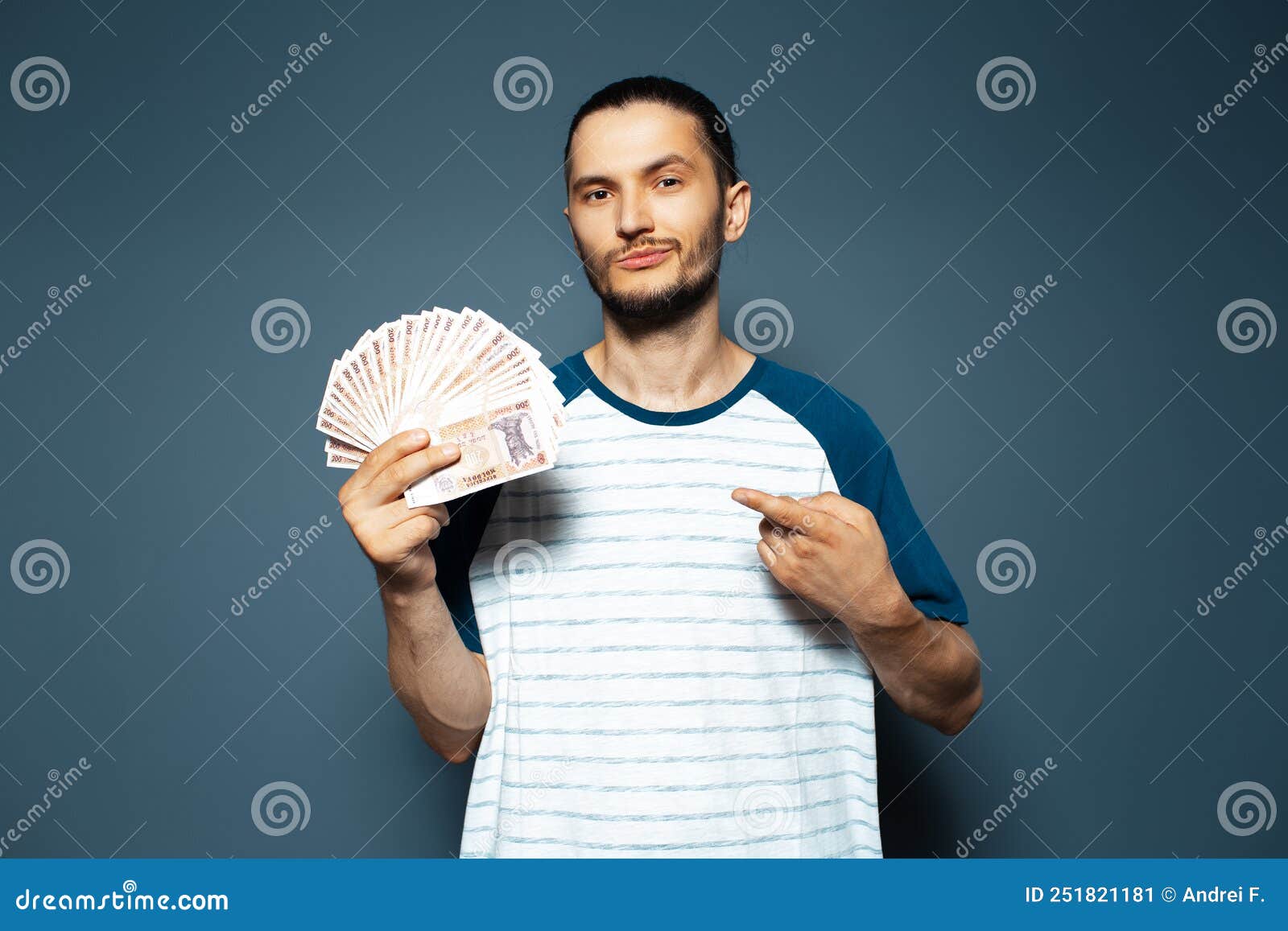 Portrait of Confident Man Holding Money Point Finger on Banknotes ...