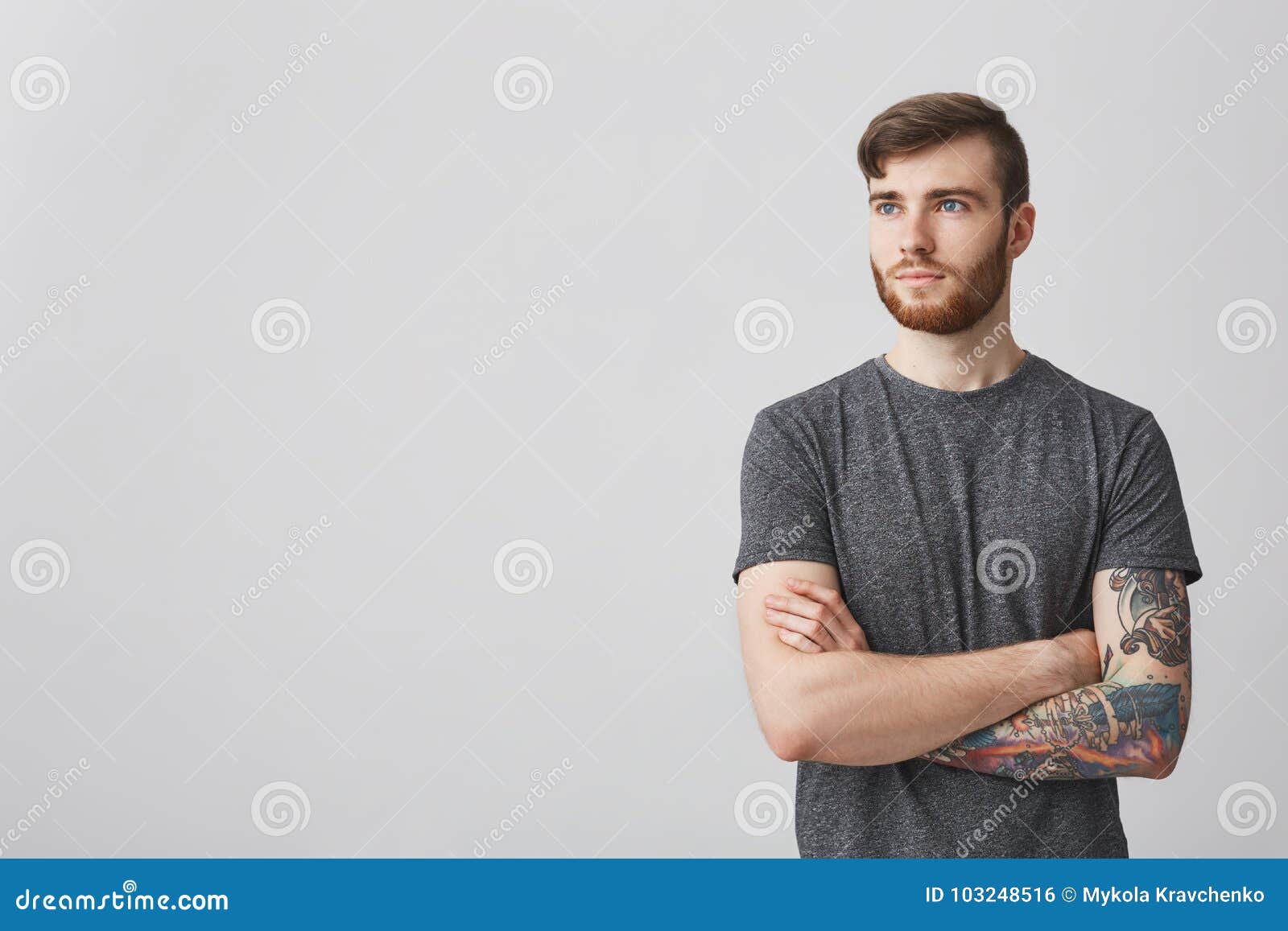 Portrait of Confident Mature Caucasian Man with Beard and Tattoo on Hand  Holding Hands Crossed, Looking Aside with Stock Photo - Image of adult,  face: 103248516